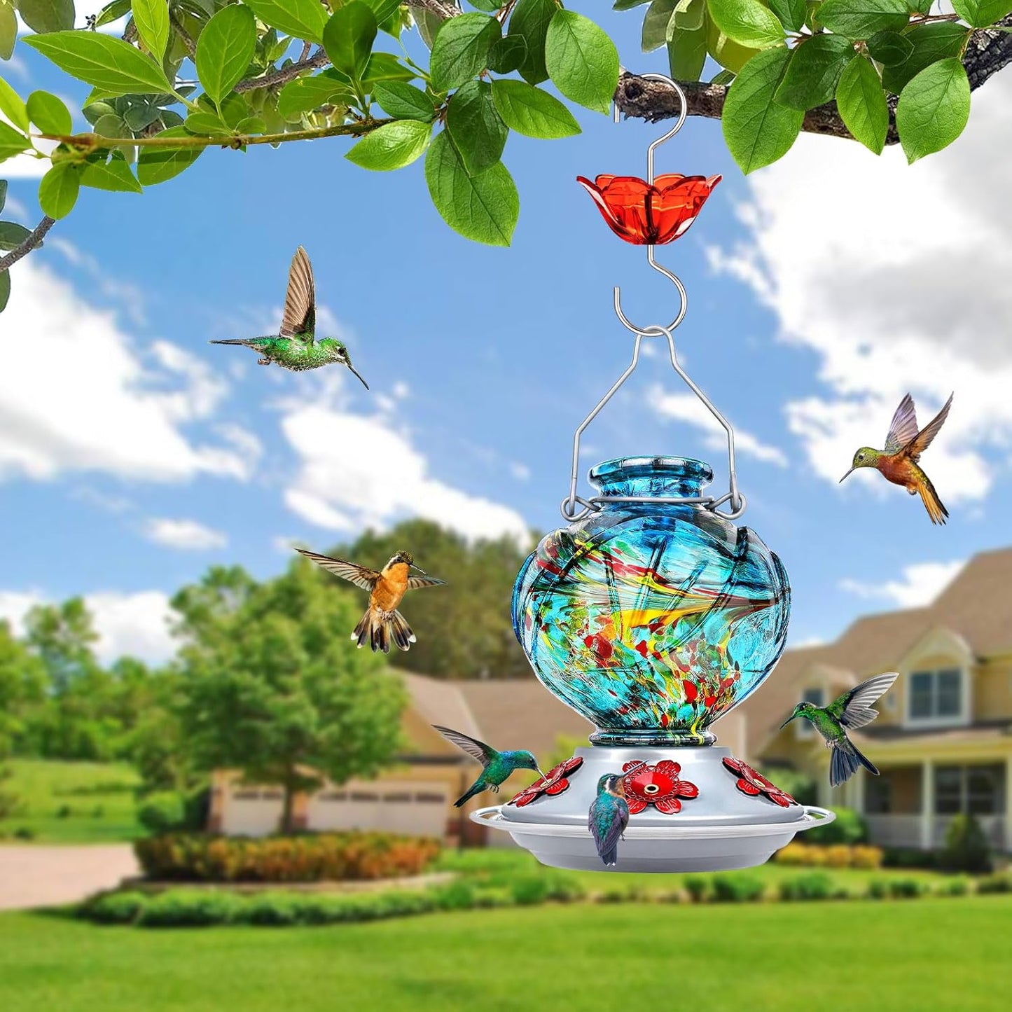 BOLITE Hummingbird Feeder, Hand Blown Glass Hummingbird Feeders for Outdoors Hanging, with Ant Moat and 5 Feeding Ports, 22 Ounces, Peony Flower Shape, Blue, Gifts for Women Men, Gifts for Mom Dad