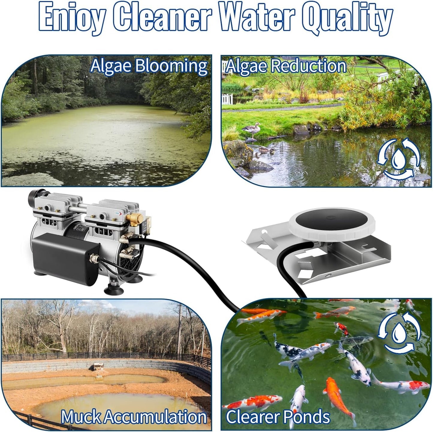 Pond Aeration System, Pond Aerator 3/4HP Oil-Free Rocking Piston Air Compressor 2 Diffusers Two 100ft Weighted Hoses for 3 Acres Deep Water Outdoor Large Lake & Pond Pumps 5.6 CFM Air