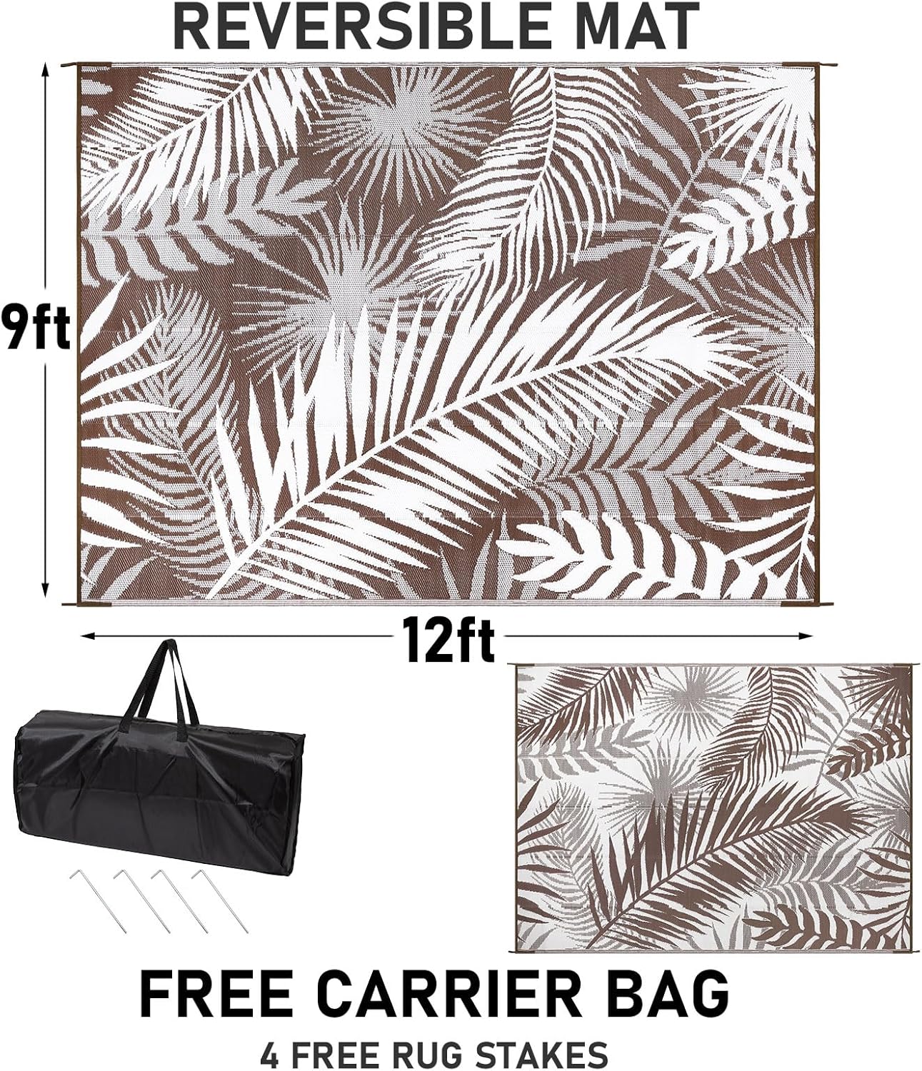 HiiARug Outdoor Rugs 9'x12' for Patios Clearance Brown Reversible Outdoor Rug, Outdoor Plastic Straw Rug RV Camping Rug Large Outdoor Mat for RV, Patio, Backyard, Deck, Picnic, Beach, Trailer, Camping