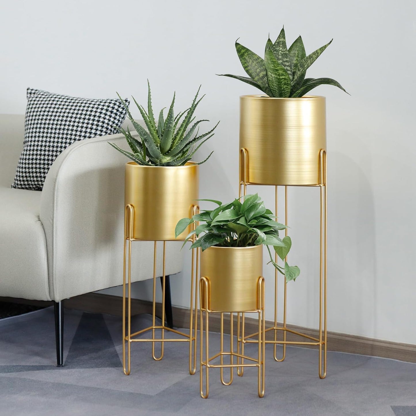 TRIROCKS Set of 3 Large Planters with Stand Gold Planter for Indoor Plants 29 &22 &12" Tall Morden Metal Plant Pots for Living Room Corner Kitchen Office Garden Balcony Patio Decor