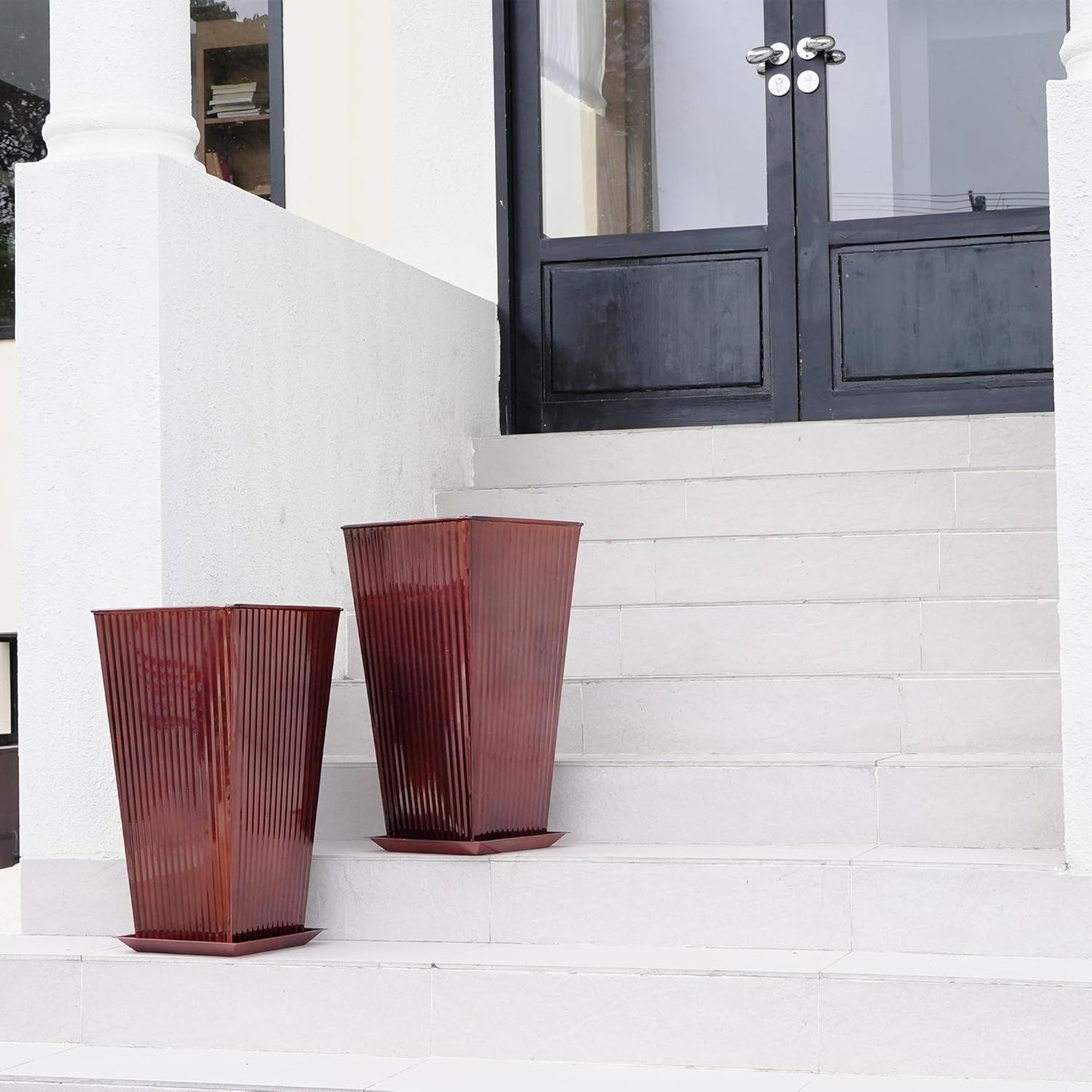 22in Vintage Handmade Metal Vertical Lines Copper Tapered Planters,Planter Box with Drainage Holes and Saucer -Set of 2, Galvanized Steel Planter for Indoor/Outdoor/Porch/Garden