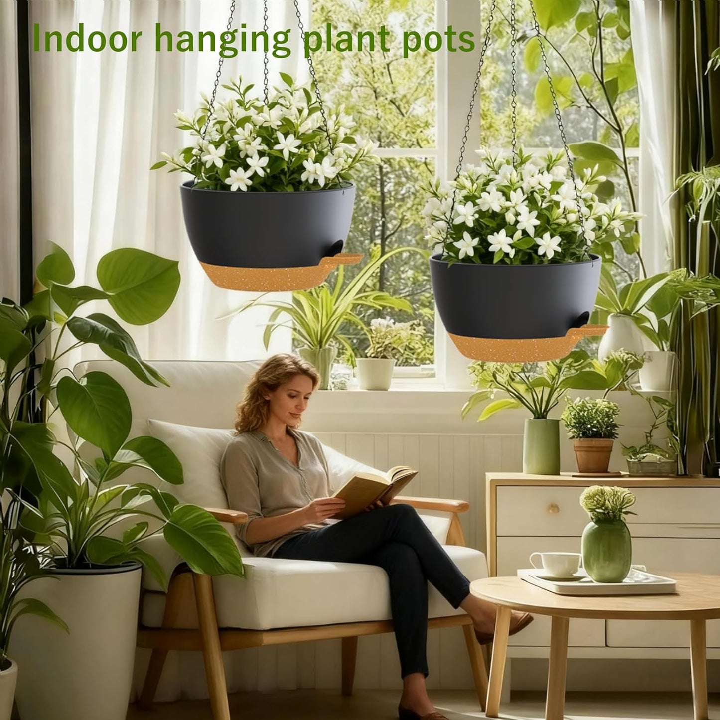 2 Pack Hanging Planters for Indoor Outdoor Plants, 12 Inch Self Watering Hanging Pot with Drainage Holes and Saucer, Plastic Plant Pots, Black Brown Flower Pots for Kitchen, Balcony, Garden