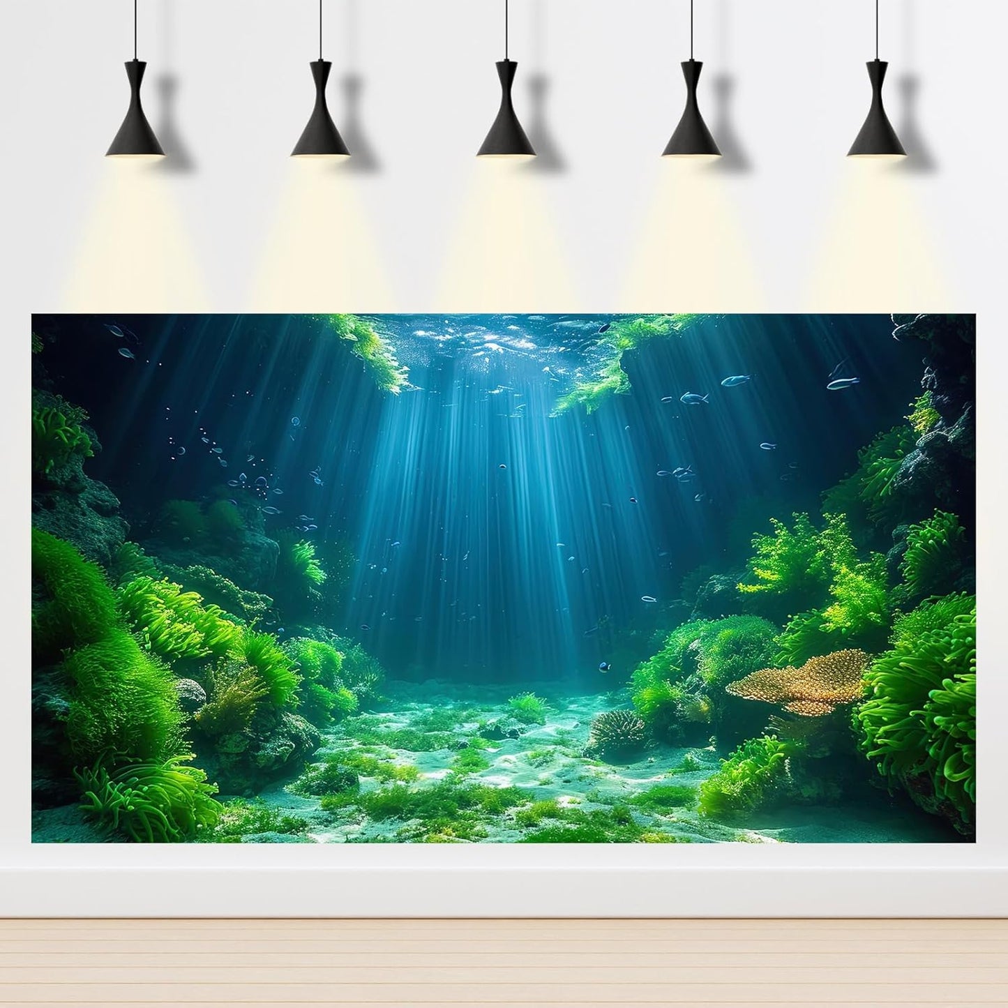 Aquarium Background Aquatic Plants Soft Algae Terrarium Backdrop Underwater World Fish Rock with Moss Sunlight Rays Fish Tank Background Aquarium Wallpaper Poster Decor Vinyl 24x16in