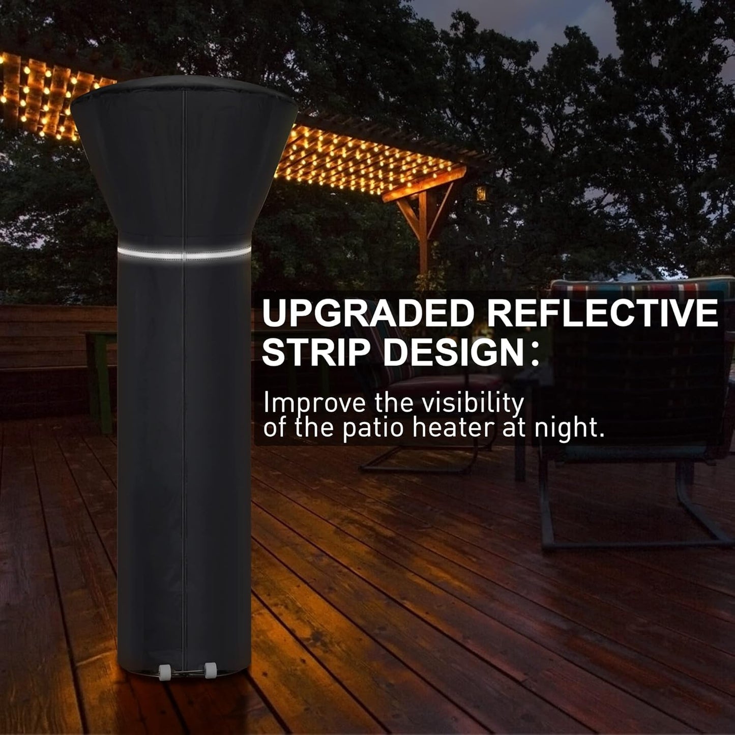 Patio Heater Covers with Reflective Strip,Outdoor Heater Cover Waterproof,Dustproof,Wind-Resistant,Sunlight-Resistant,Snow-Resistant,Black,89.5''x 33.5" Dome x 19.5" Base