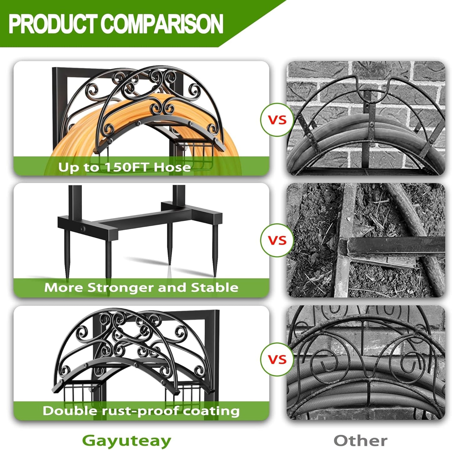 Upgraded Garden Water Hose Holder - Holds Upto 150 Feet, Heavy-Duty Freestanding Metal Stand, Detachable Hose Hanger Storage Rack for Outside Yard Lawn