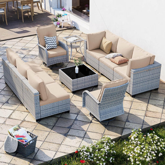 10-Piece Patio Furniture Set, Outdoor Patio Furniture with Swivel Chairs Set, Thick Cushions, Modular Patio Sofa, Dual-Strand Wicker Rattan, Rust-Resistant Frame, Sand