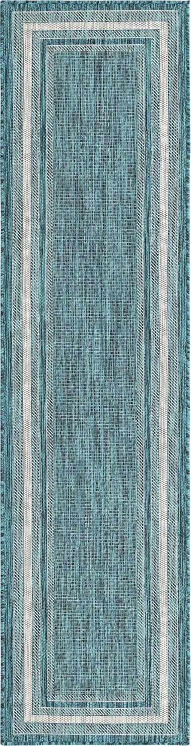 Unique Loom Outdoor Border Collection Area Rug - Soft Border (2' x 8' Runner, Teal/ Ivory)