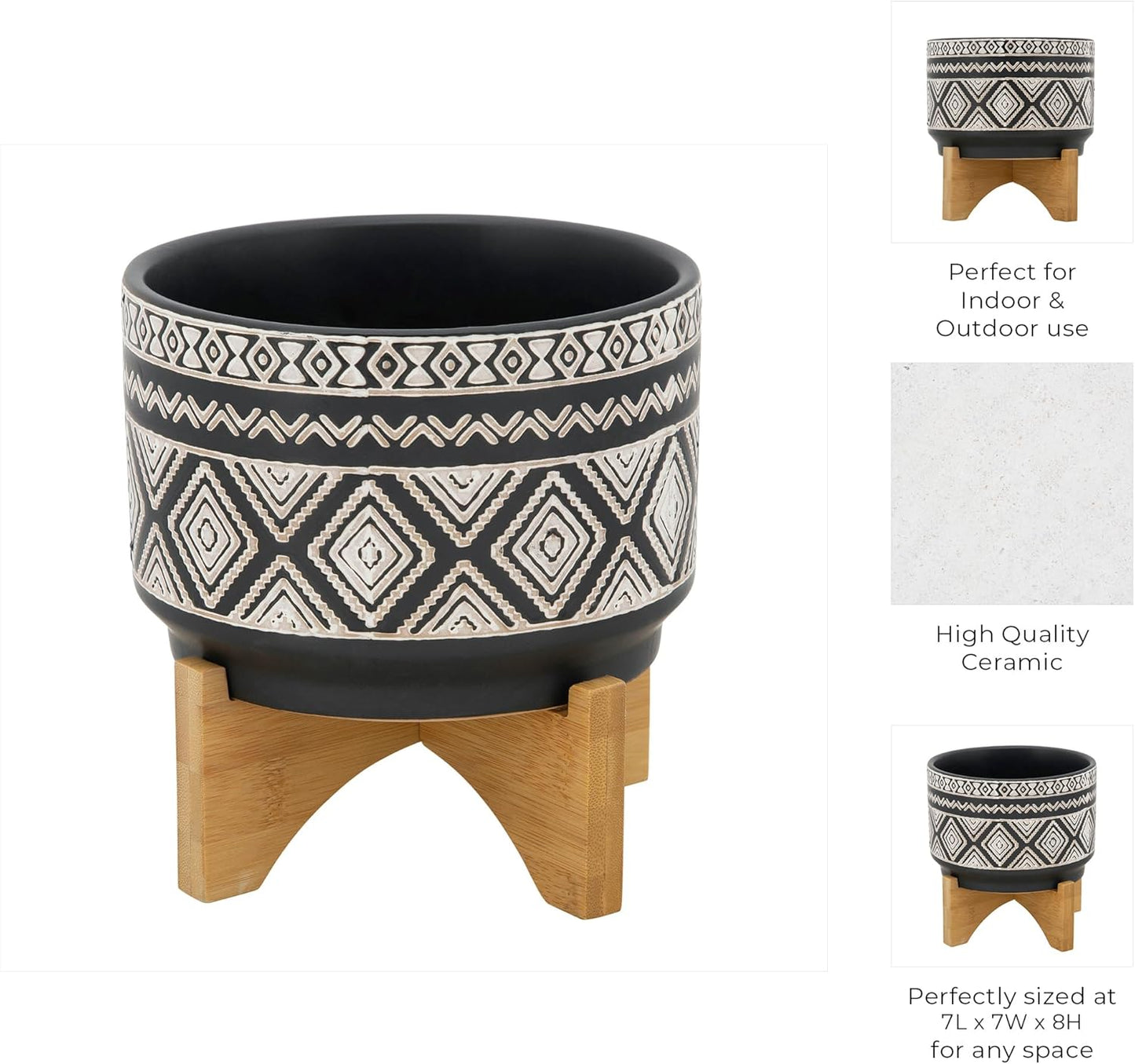 Sagebrook Home Ceramic Planter with Stand - Decorative Stoneware Pot for Indoor & Outdoor Use - Modern Boho Design with Wooden Base - Stylish Plant Holder for Succulents & Flowers - 8", Black