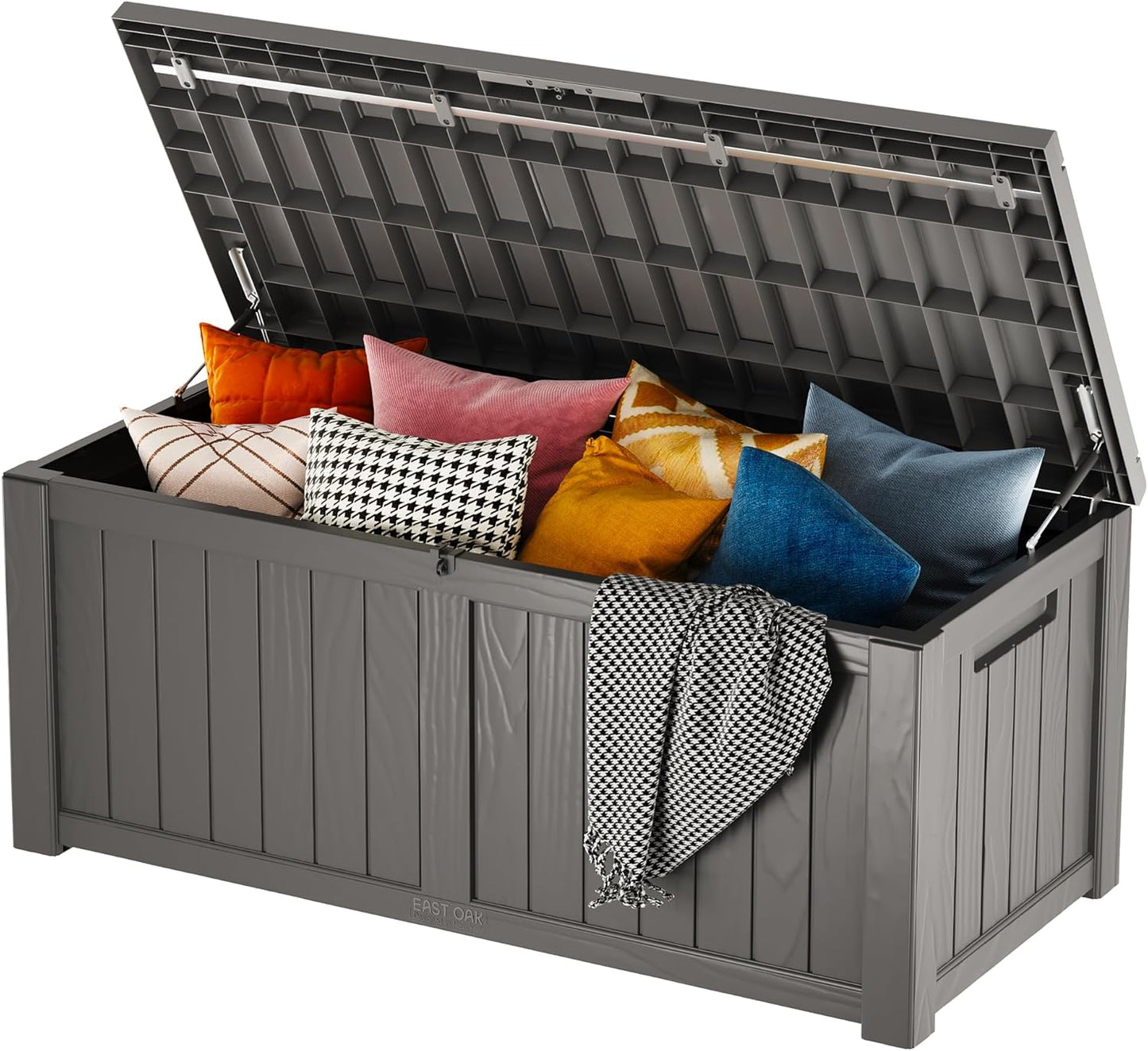 EAST OAK Outdoor Storage Box, 120 Gallon Deck Box with Stainless Steel Rods Large Resin Storage Bin for Patio Cushions, Garden Tools, Waterproof and UV Resistant, Lockable, Grey