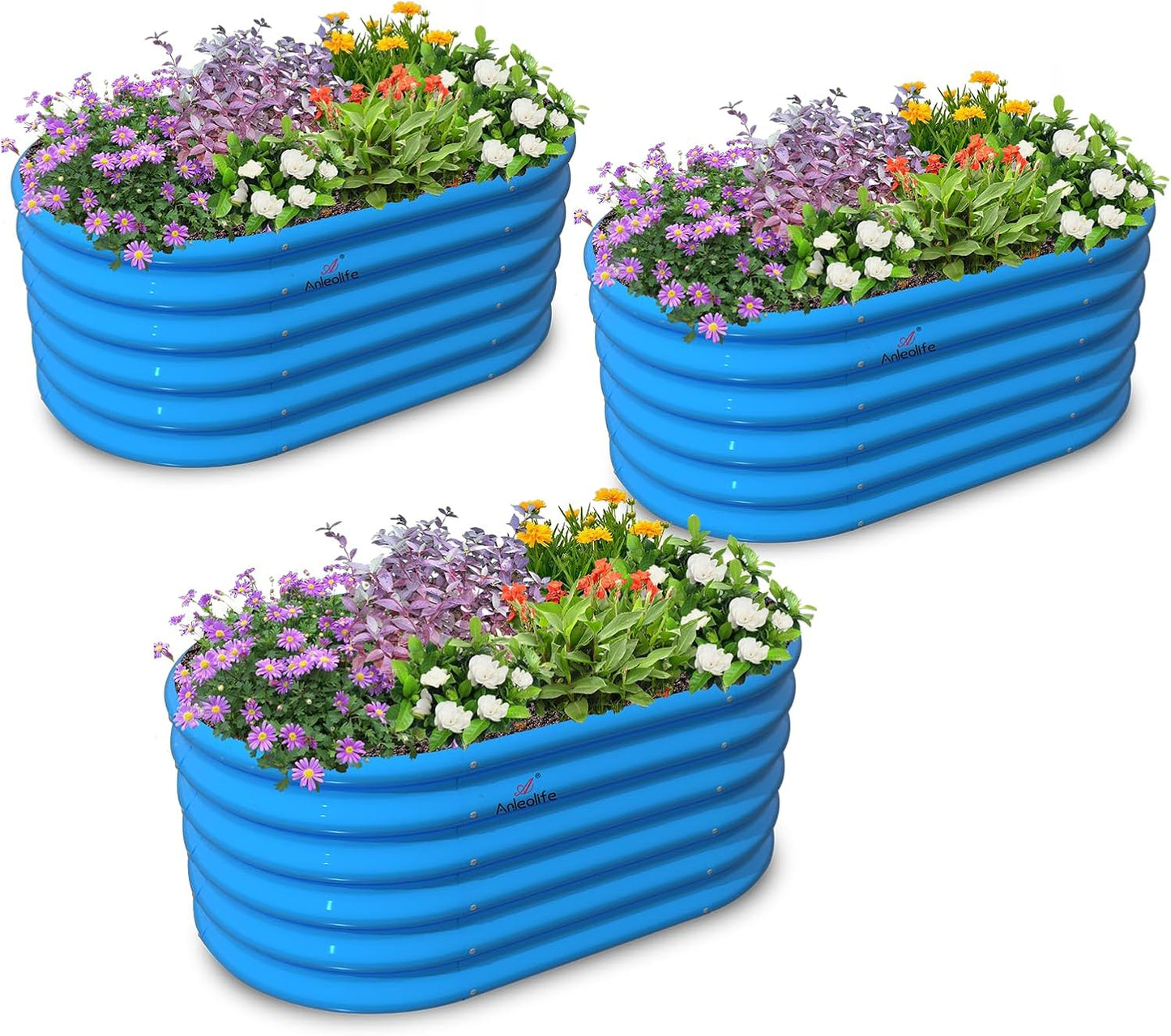 A ANLEOLIFE Kids Raised Garden Beds Outdoor (3-Pack)-40x24x18in Oval Round Galvanized Metal Planter Box for Planting Vegetables, Flowers, Fruits, Eco-Safe & Easy Setup, Sky Blue