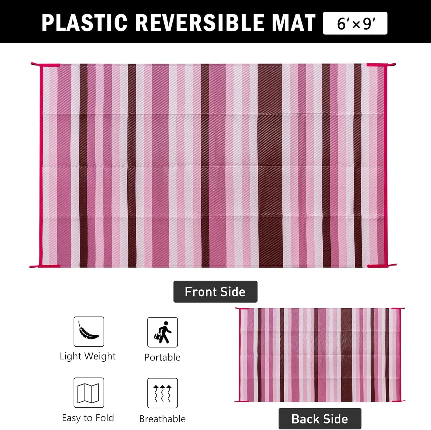 Outdoor Waterproof Rug 6'x9' Plastic Straw Rugs Washable Reversible Floor Mat Pink Stripe Carpet for Camping RV Deck Entryance Porch Picnic Balcony Beach Backyard
