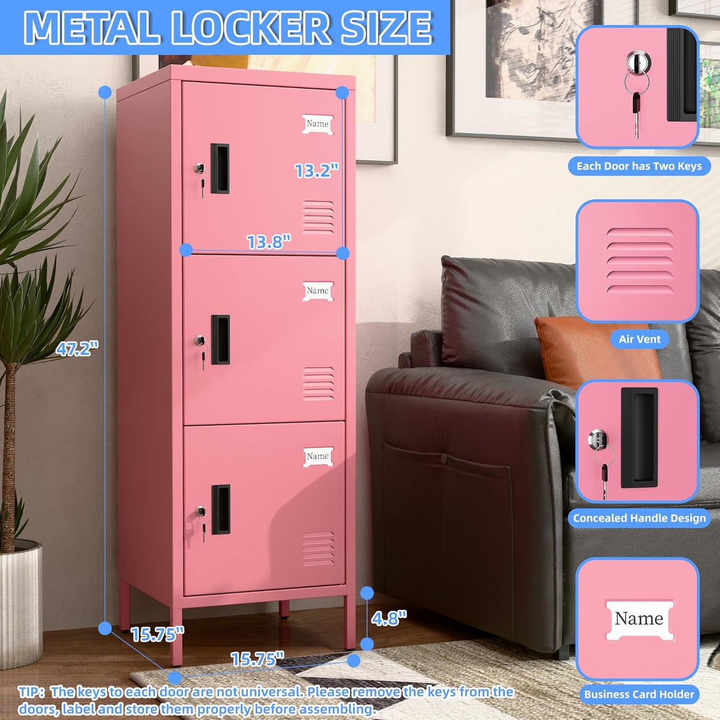 METAN Metal Storage Employees Locker with 3 Lockable Doors,47''H*16''W*16''D Locking Storage Cabinets for Small Spaces,Home,School,Gym,Assembly Required,Pink