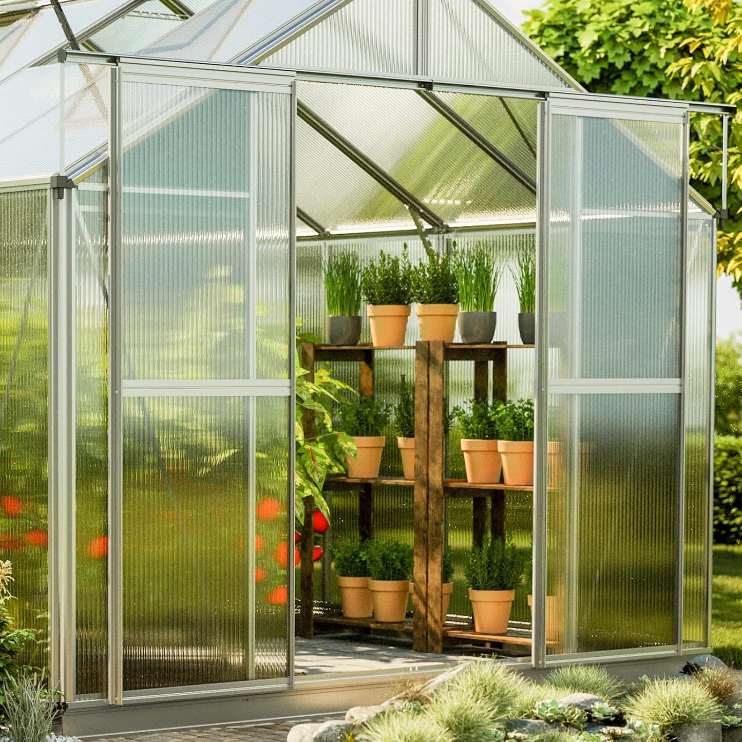 Greenhouse Topas 3 Aluminum Frame 7.4 x 6.4 ft Approx. 6 mm Polycarbonate Panels - with Bonus Base Frame and Automatic Vent Opener
