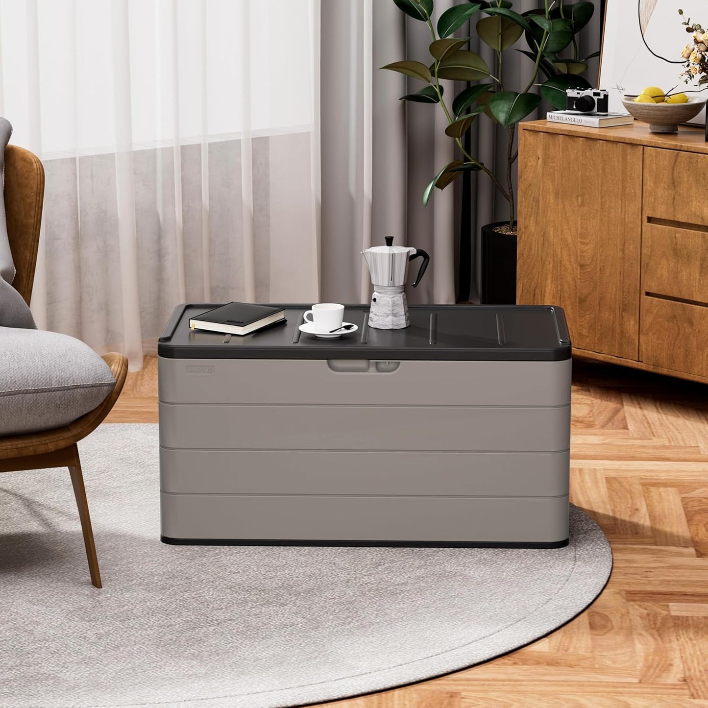 100 Gallon Large Resin Deck Box - Lockable Waterproof Outdoor Storage Bench for Patio Cushions, Garden Tools & Pool Accessories - Wood-Look Texture, Weather-Resistant for Backyard & Porch