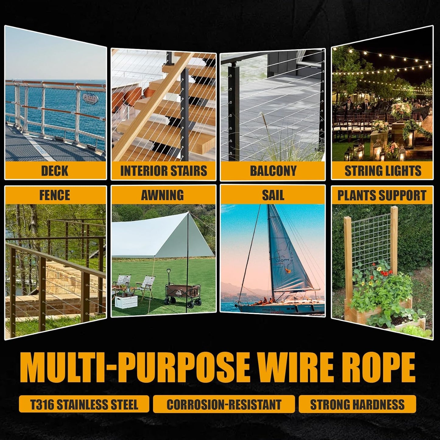 400FT 1/8" Stainless Steel Cable Black 7x7 Strands Aircraft Cable T316 Wire Rope with Cable Cutter 1800lbs Breaking Strength Metal Wire Cable for Deck Cable Railing, Stair, Fence, DIY Balustrades