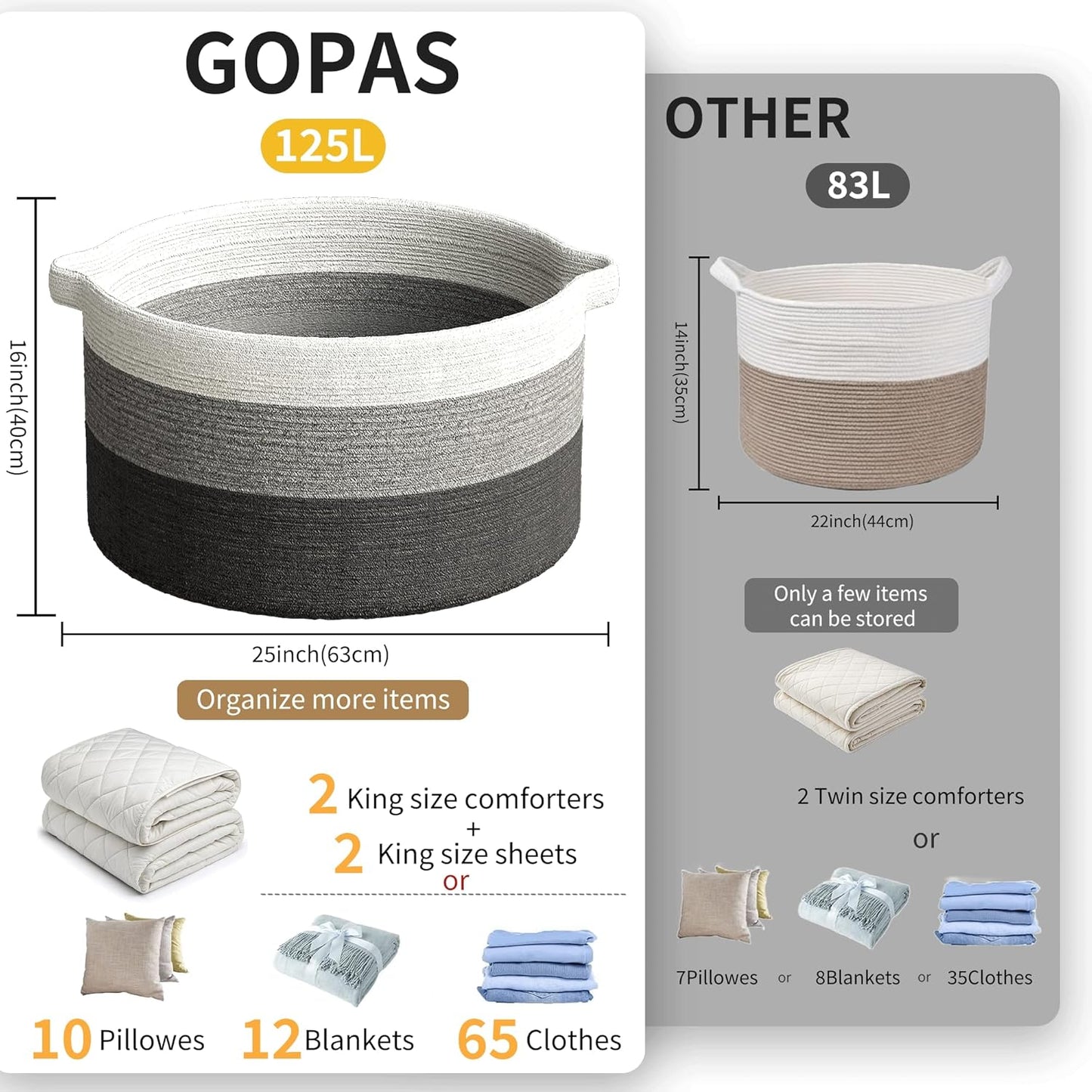 125L Extra Large Blanket Basket, 25" x 16", Jumbo Laundry Woven Baskets Decorative Home, Cotton Rope Basket with Handles, Baby Toy Baskets for Storage, Gradual Gray