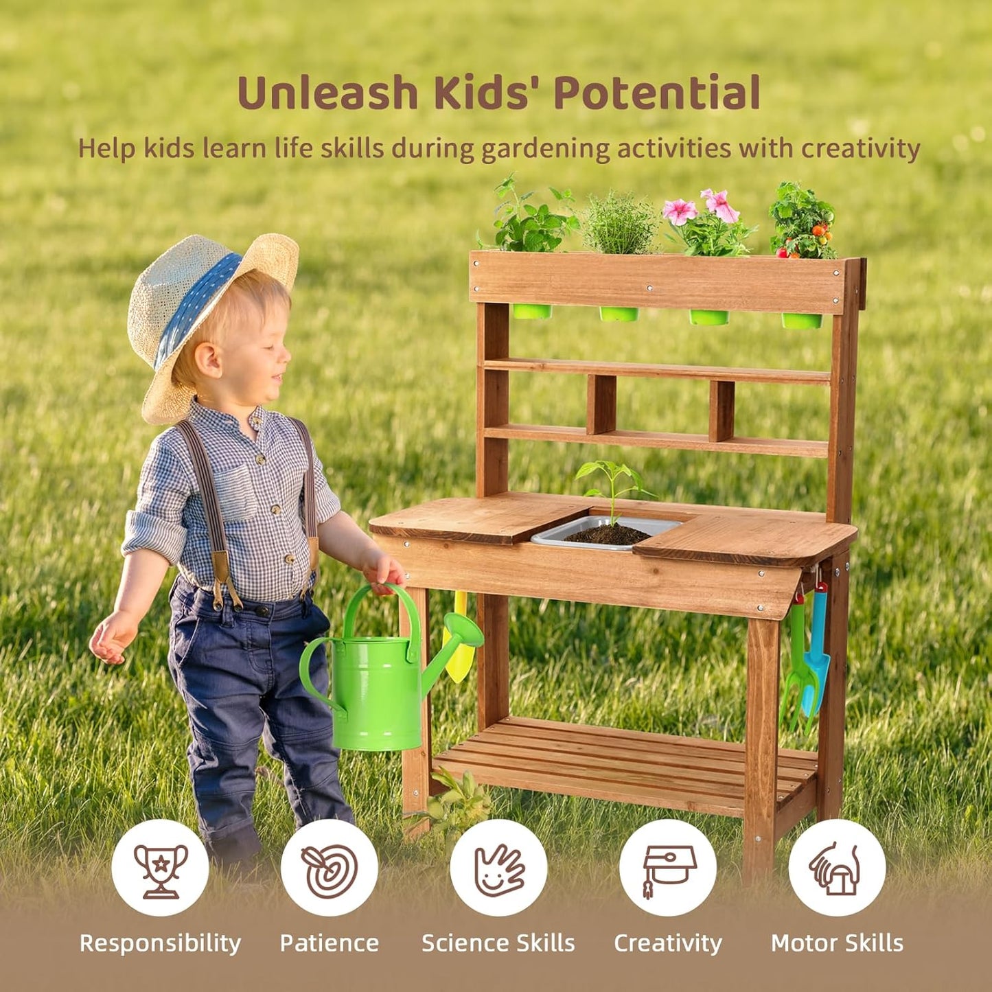 OOOK Potting Bench with Removable Sink, Potting Benches for Outside, Mud Kitchen for Kids Outdoor with Gardening Tools, Watering Can, Flower Pot, Ideal Gift for Boys and Girls 3+, Solid Fir Wood