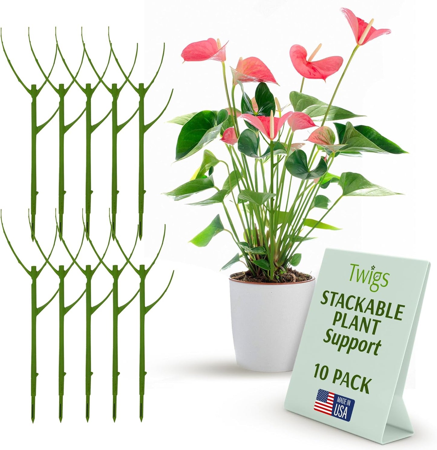 Stackable Plant Support Stakes, Stem Holder Structure for Indoor & Outdoor, Garden Accessories for Climbing & Potted Plants, Trellis Alternative - Peony (Light Green), 10 Pack, 17" L