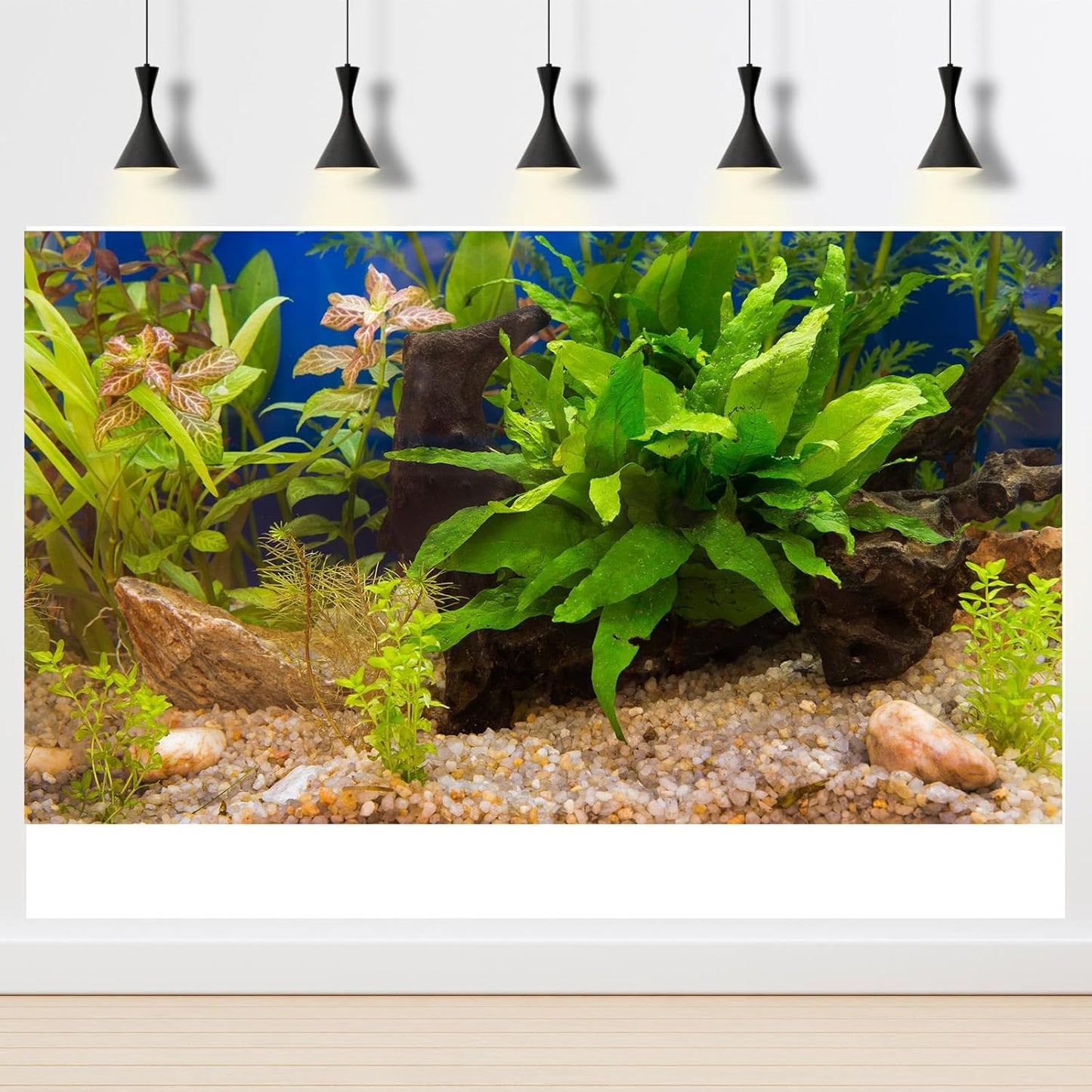 Aquarium Backdrop Underwater Grass Leaves Pebble Aquarium Background Vivid and Fresh Green Aquatic Plant Stone River Bed Fish Dead Wood Leaves Tank Background Decors Vinyl 72x24in