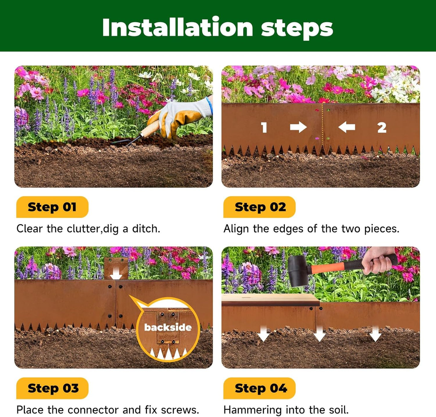 Cor Ten Steel Metal Landscape Edging 40 inch with Top Bending Protection Pre-Rusted Cor Ten Steel Garden Edging 8 Inch Depth 180 Degree Bend 6 Pack for Lawn Yard (8 inch-180 Degree Bend, Rusted)