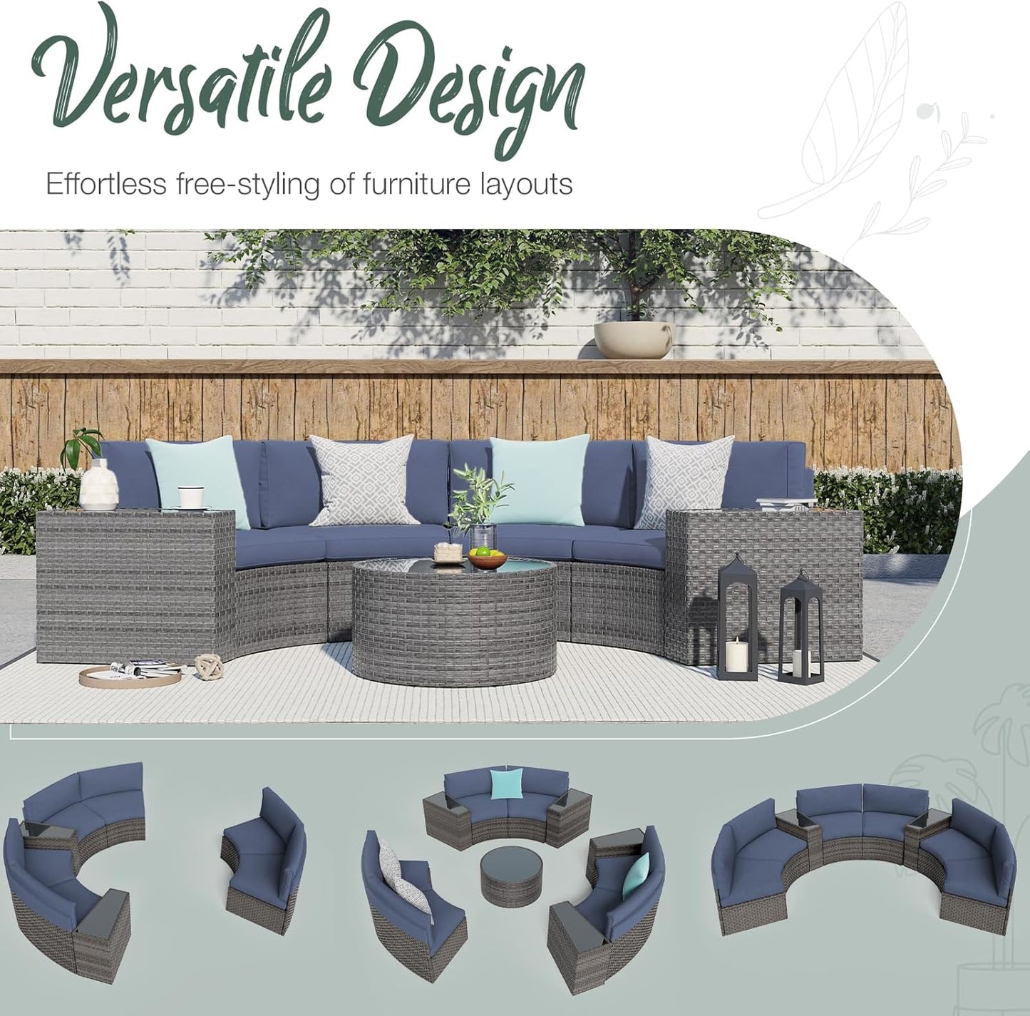 SUNSITT Outdoor Patio 8-Piece Half Moon Curved Furniture Sofa Set Grey Wicker Sectional Sofa Denim Blue Cushions with 2 Side Table