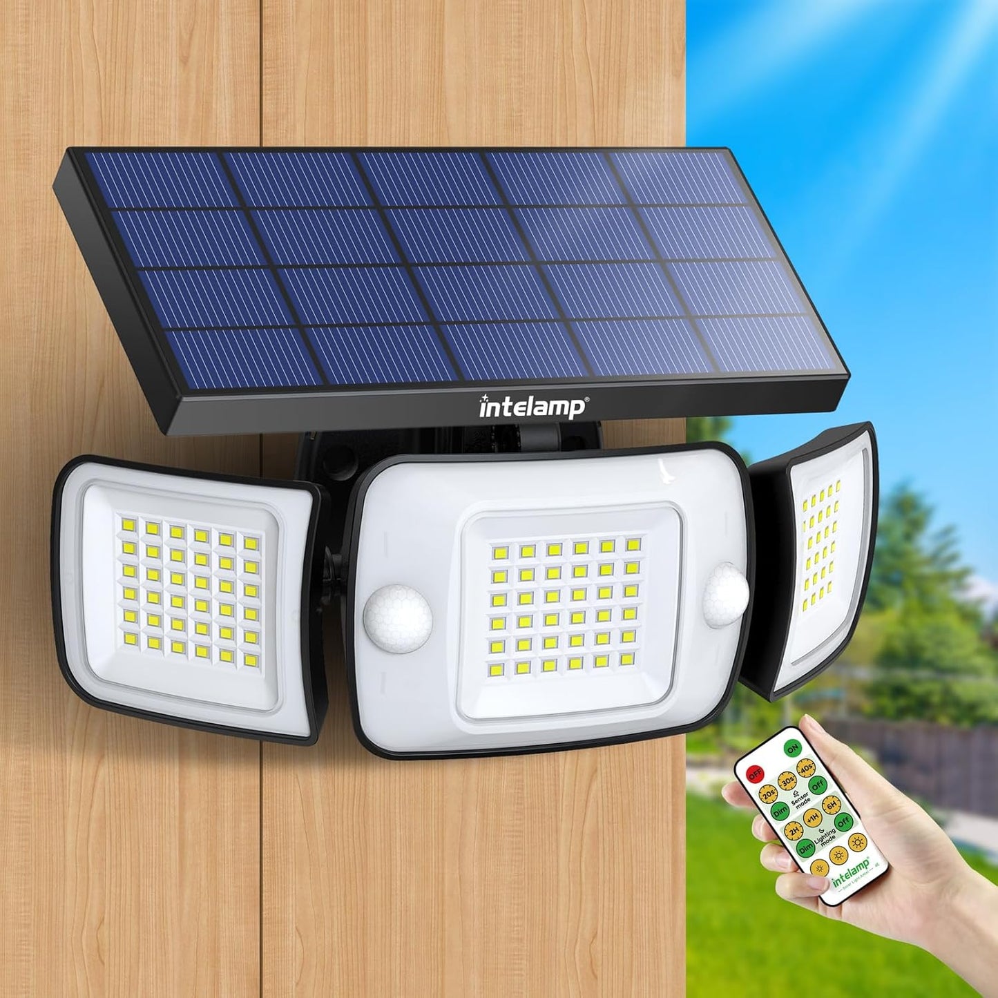 intelamp Solar Flood Lights Outdoor Waterproof, 6000mAh 1200LM Solar Powered Dual Motion Sensor LED Lighting Dusk to Dawn Security Floodlight Exterior with Remote for Outside Garden House Yard Porch