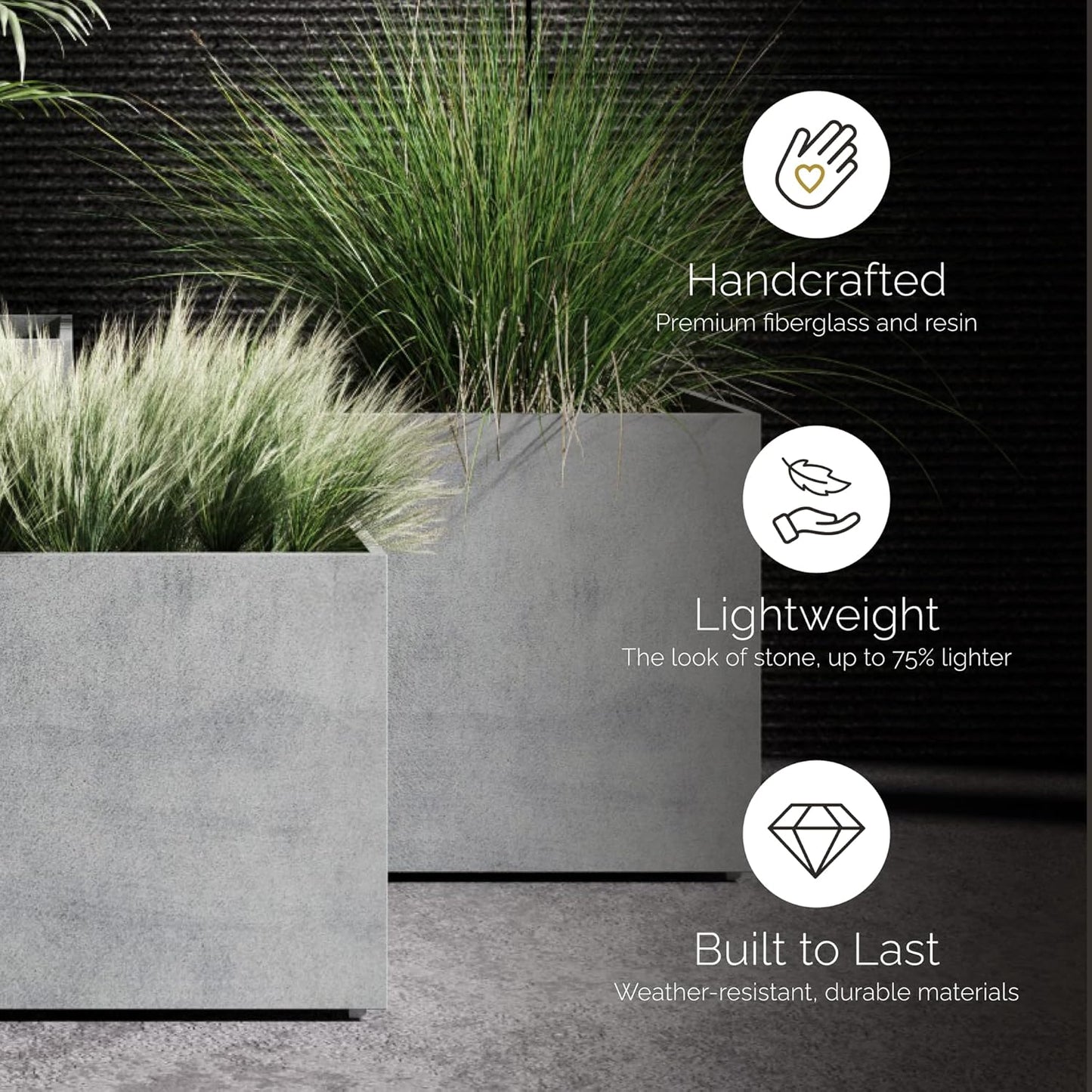 Reglito Cube Planter – Fiberglass Indoor/Outdoor and Weather-Resistant Large Planter (Grey Stone, 27.6" L x 27.6" W x 28.1" H)