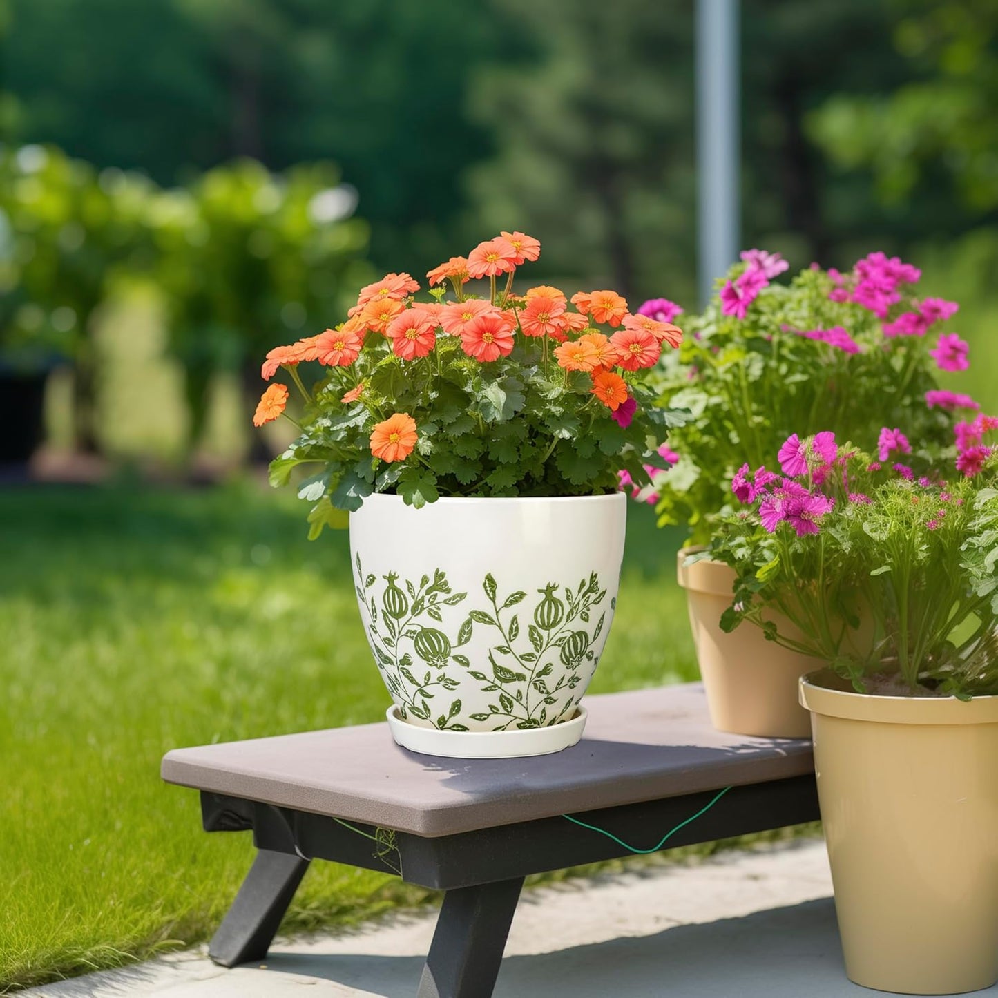 Ceramic Planter - 8.2 Inch Plant Pot for Indoor Outdoor Plants, Boho Round Ceramic Flower Pot with Drainage Hole and Saucer, Gifts for Plant Lovers, Home Garden Apartment Decor, White