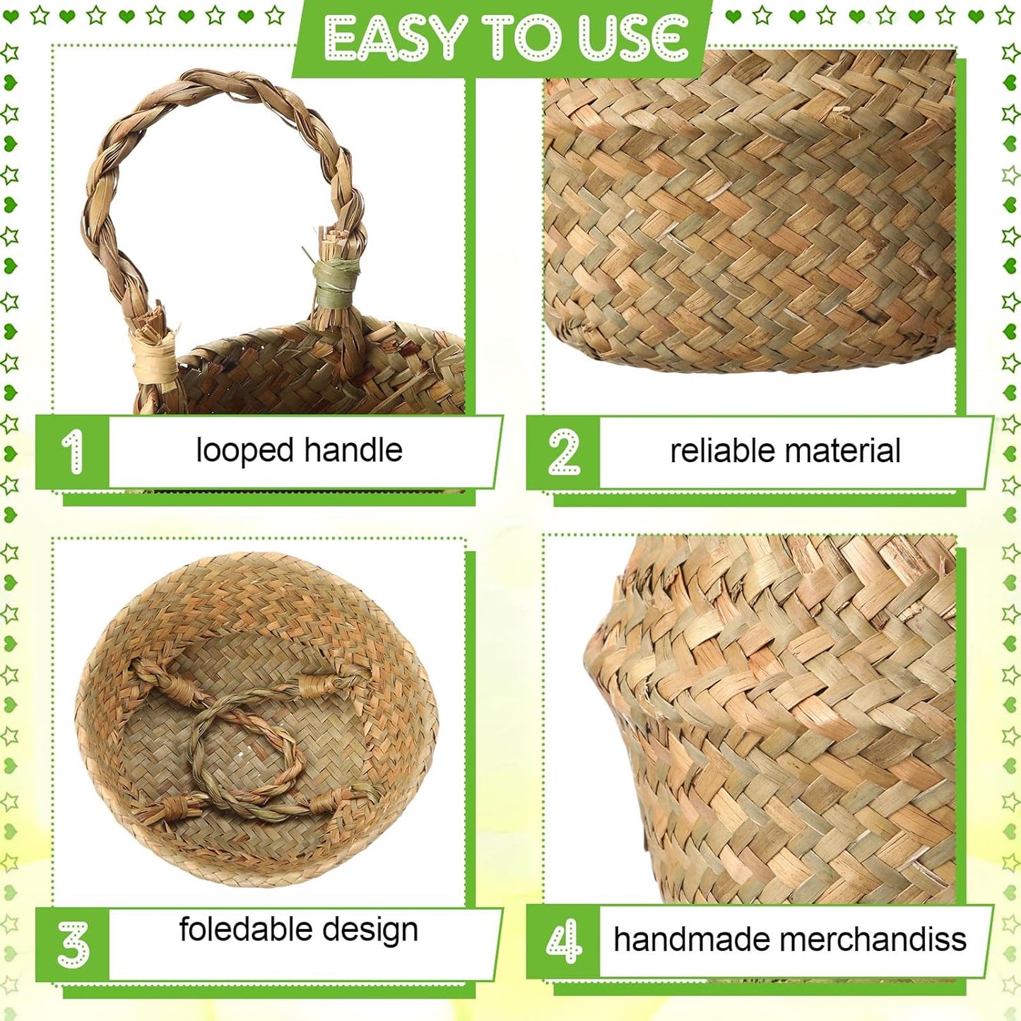 Qunclay 4 Pcs Woven Seagrass Baskets Belly Basket Folding Boho Natural Plant Pot with Handles Round Decorative Wicker Large Indoor Planter for Home Outdoor Tree Planters Decor (6.3 x 5.9 Inch)