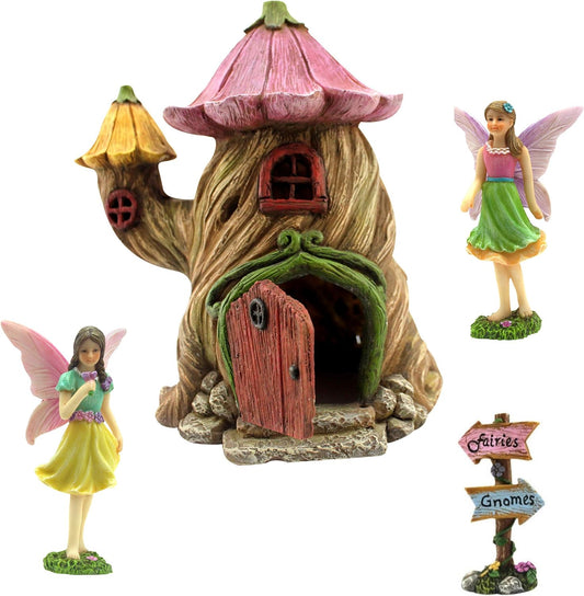 PRETMANNS Fairy House Kit - Fairy Garden Accessories for Outdoor Miniature Village Decor, with Fairies & Sign - House, 7 ‘ High & Door can Open Wide - 4 Piece Supplies
