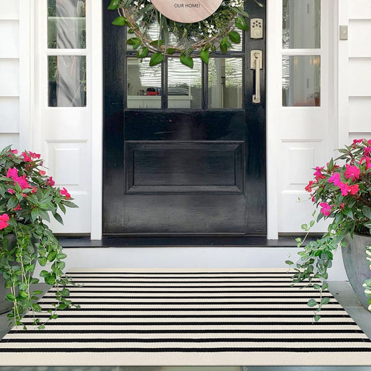 IOHOUZE Black Beige Striped Rug -2.3'x3.6' Front Door Rugs Outdoor, Small Washable Area Rug for Front Porch, Spring Summer Welcome Mats Outdoor Indoor, Doormat for Entryway Porch Entrance