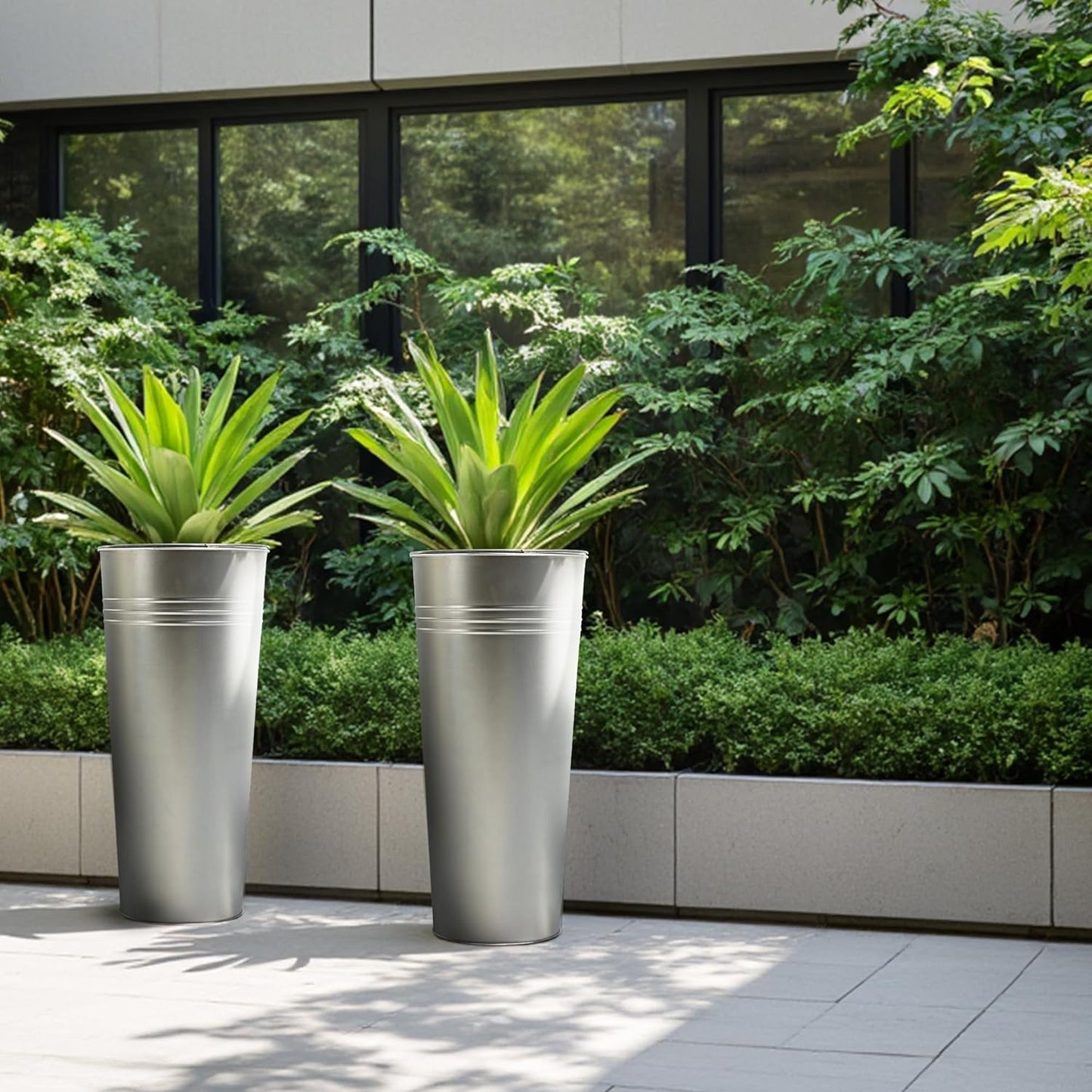 KOL 28'' Tall Galvanized Steel Planter Pot - Flower Pot with Water Level Indicator for Plants - 2-Pack Self Watering Planters - Round Silver Powder Metal Planter Box - Indoor Outdoor Grande Plant