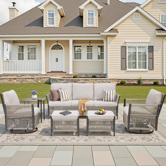 6-Piece Patio Furniture Wicker Outdoor Conversation Set, All Weather Patio Rattan Sofa Sets Swivel Rocking Chairs, Ottomans, Side Table for Backyard, Balcony Beige
