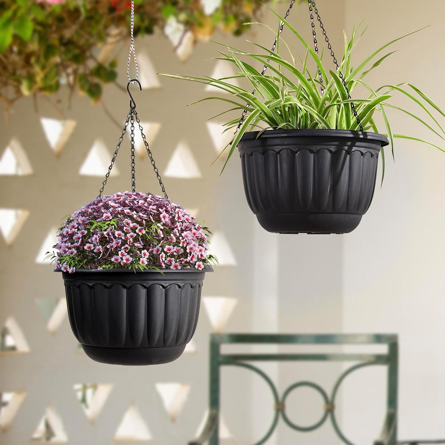 YIKUSH Planters for Outdoor Plants 2 Pack Black Plant Pots with Drainage Hole and Absorbing Tray Hanging Planters for Indoor Plants (12 inch, 3 Hooks)