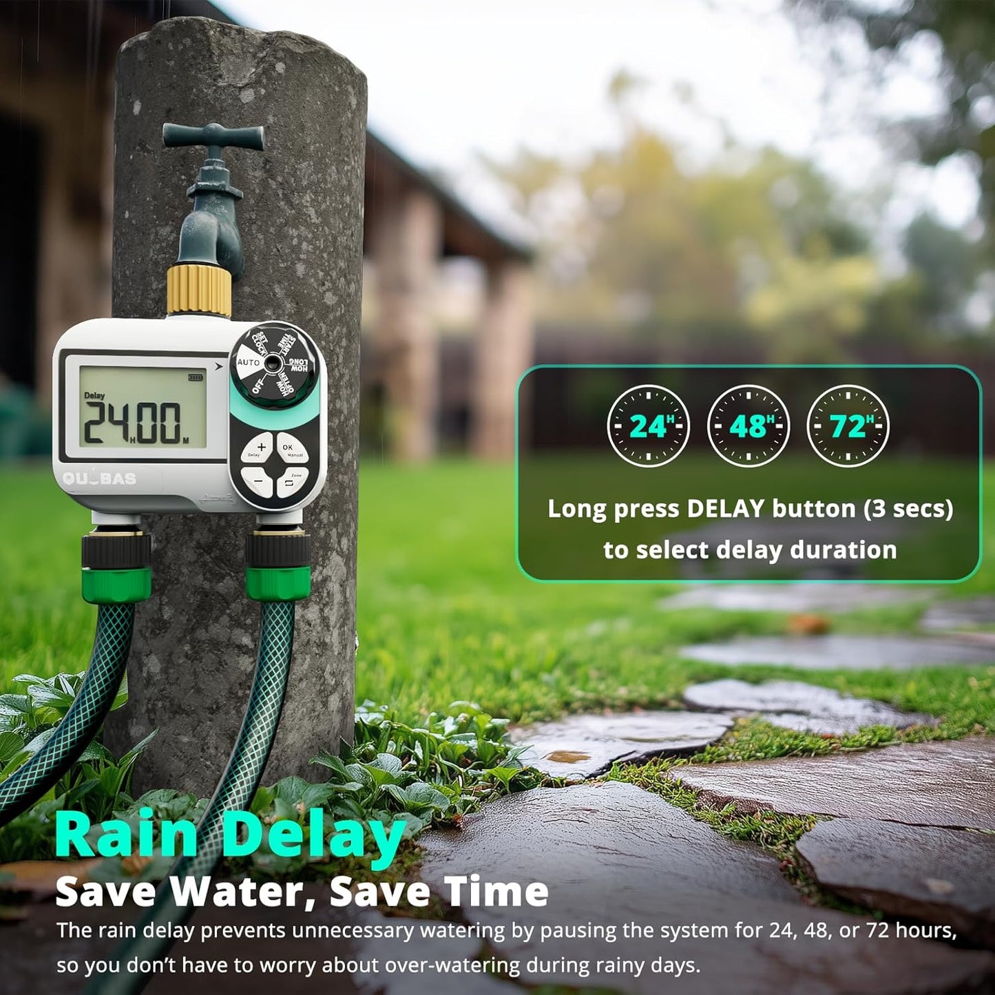QUOBAS 2 Zone Sprinkler Timer with Brass Inlet & Outlet, Programmable Water Timer for Garden Hose with Rain Delay/Manual Watering/Automatic Irrigation Controller System for Yard, Lawn