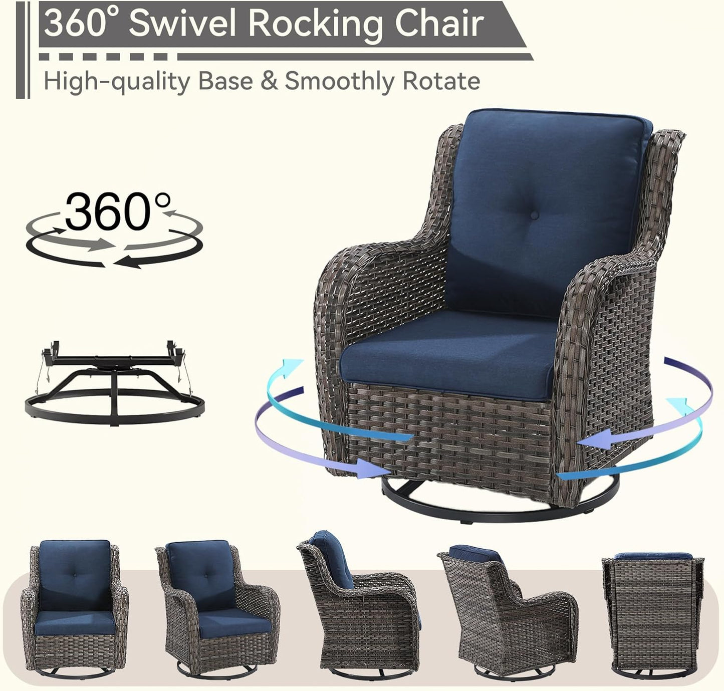 3 Pieces Outdoor Furniture Set - Patio Wicker Swivel Rocker Chair Set of 2 and 1 Side Table, Blue, Mixed Brown Rattan, Suitable for Porch, Yard