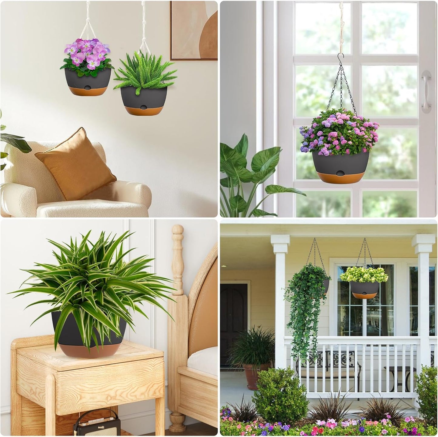 10 Inch Hanging Planters for Indoor & Outdoor Plants (2 Pack) - Self-Watering & Drainage Flower Pots with 2 Kinds of Plant Hangers for Home Decor & Garden (Deep Gray, 10 in)