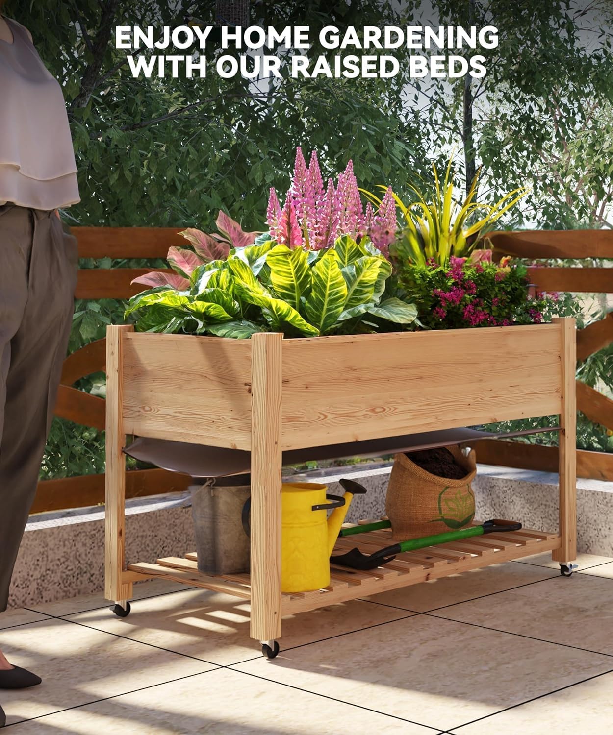 Raised Garden Bed with Legs and Wheels, Wooden Raised Planter Box with Storage Shelf, Protective Liner, Mobile Elevated Wood Planter for Backyard, Patio, Balcony Natural, 48"×24"×30"