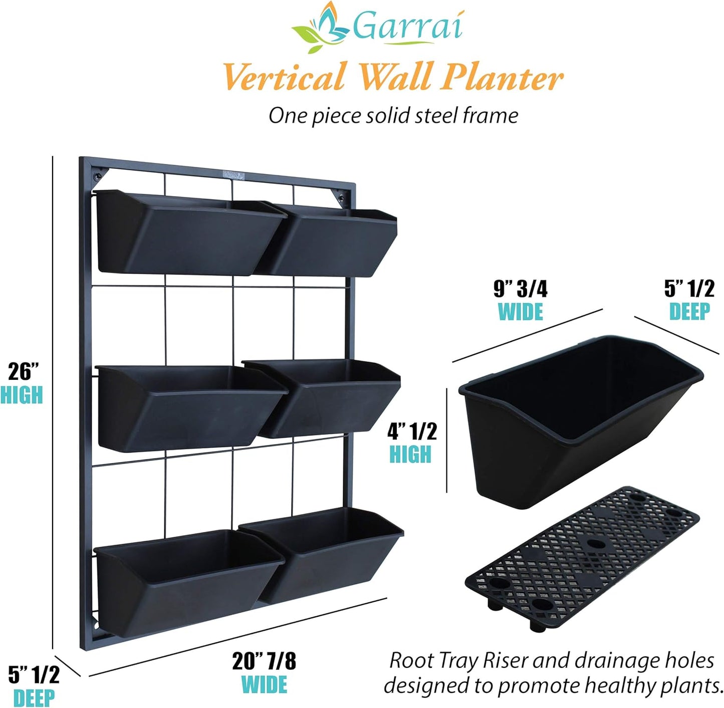 Vertical Garden Wall Planter. Ideal Indoor or Outdoor Container Gardening. Includes 6 Removable Pots and Wall Mounted Metal Frame. Self Draining Garden for Vegetables, Flowers or Herbs.