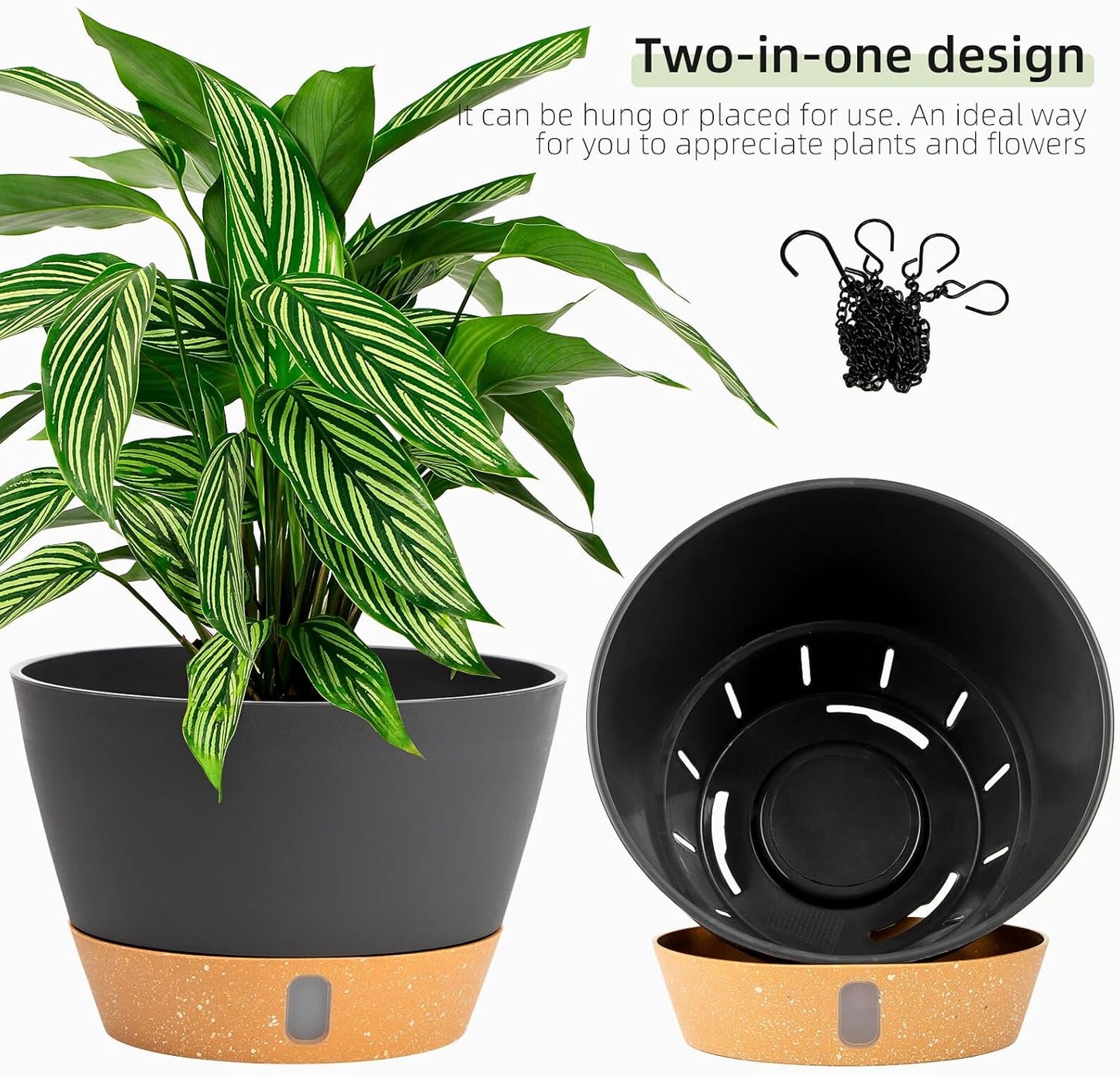 QCQHDU 2 Pack Hanging Planters for Indoor Outdoor Plants, 10 Inch Hanging Baskets Flower Pots with Reservoir Tray & Visible Water-Level