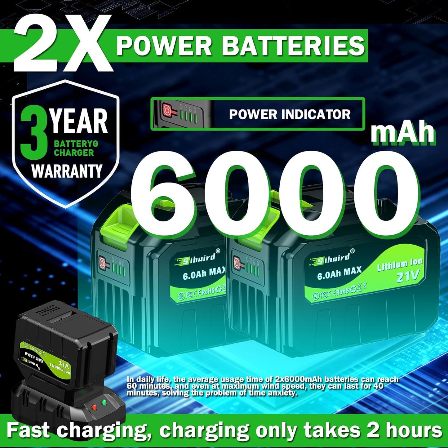 Leaf Blower Cordless,2 x 21V 6.0Ah Battery and Charger, with 680CFM 190MPH Electric Cordless Leaf Blower, 3-Variable Speed & Turbo Mode, Blowers for Lawn Care (5002)-F (Grey)