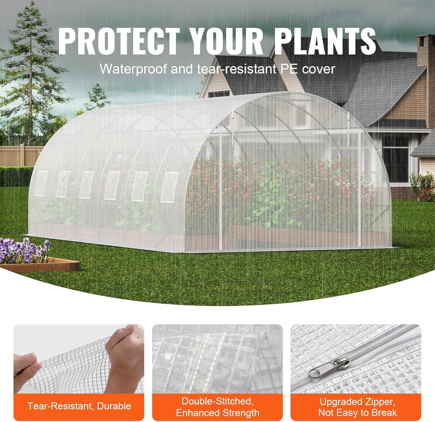 VEVOR Walk-in Tunnel Greenhouse, 19.4x9.7x6.5 ft Hoop House Greenhouse Tunnel, Plant Hot House with Galvanized Steel Frame, White PE Cover, Roll-up Zipper Door and 12 Windows for Outdoor
