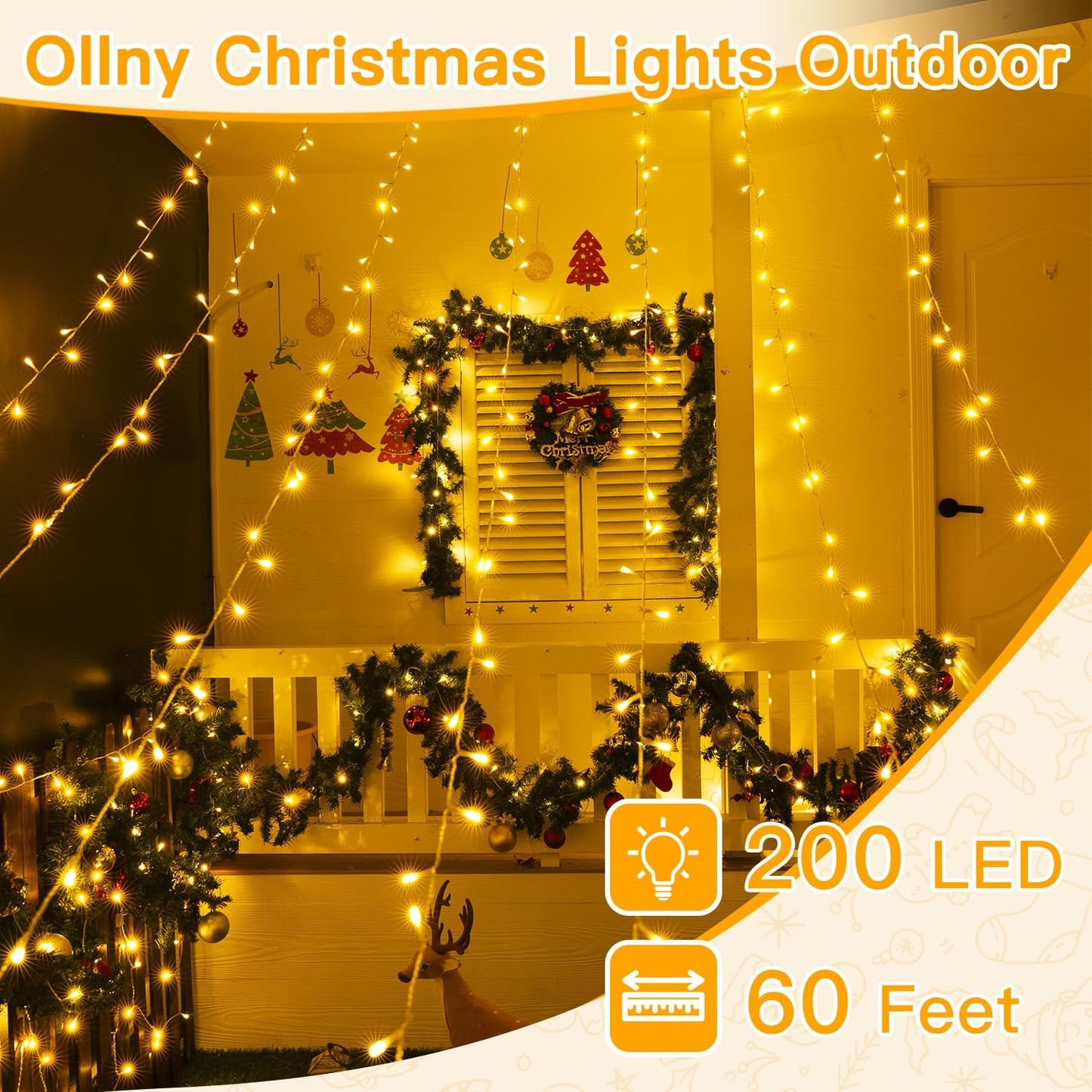 Ollny String Lights Indoor 200LED 60FT, Warm White Connectable Plug in LED Outdoor Light, 8 Modes Waterproof Timer Christmas Lights for Outside Bedroom House Party Wedding Camping