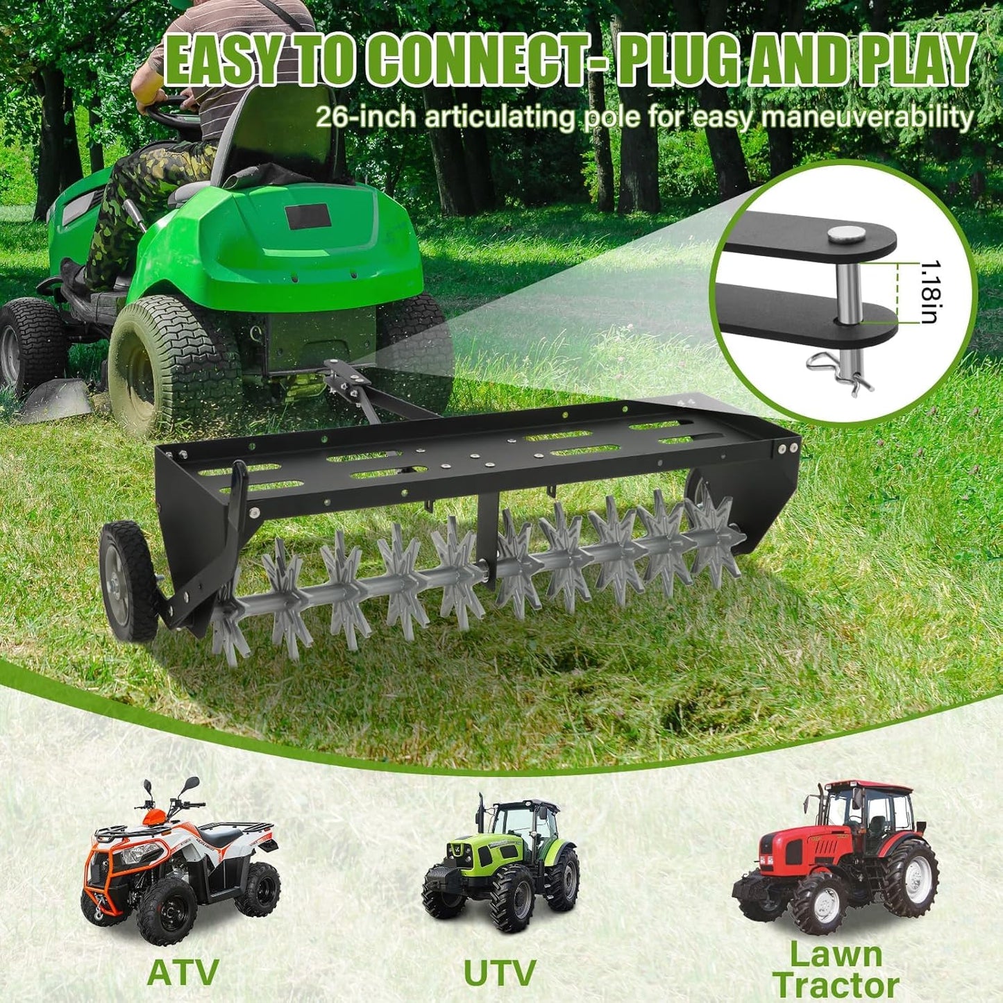 40" Tow Behind Spike Aerator with Galvanized Steel Tines and Extra-Wide Tow Bar, Tow Behind Plug Aerator with Transport Wheels, for Gardens, Lawns, Farms