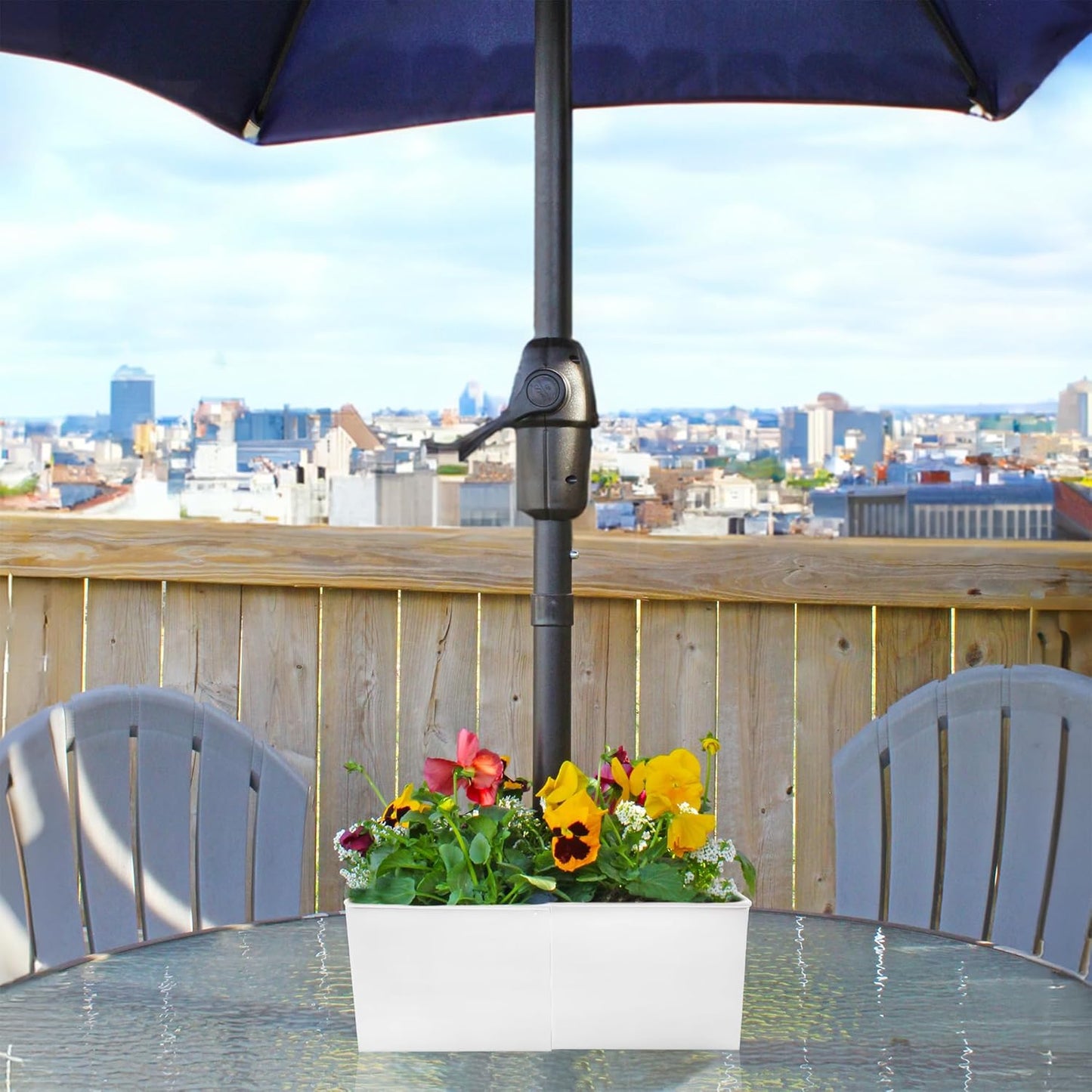 AuldHome Design Umbrella Planter for Patio Table (White Square), w/Umbrella Hole, Enamelware Rectangular Planter Pots