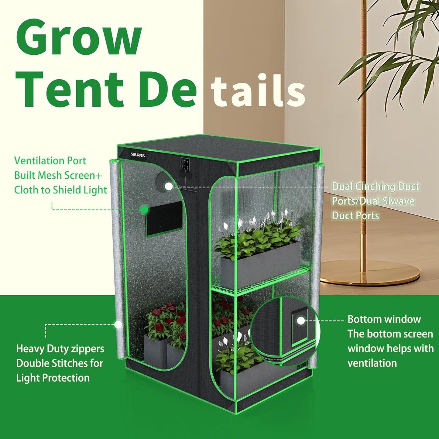 SULIVES Grow Tent, 48" Lx36 Wx72 Indoor Hydroponic Water-Resistant System with Removable Floor Tray and Observation Window, Easy Setup,600D Mylar Hydroponic Dark Room for Indoor use.