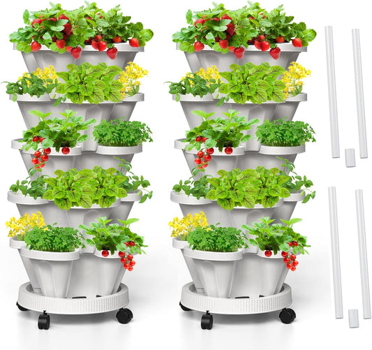 Strawberry Vertical Planter, 5 Tiered Stacking Garden Tower, Stackable Herb Vegetable Planters with Support Pole Indoor and Outdoor - White