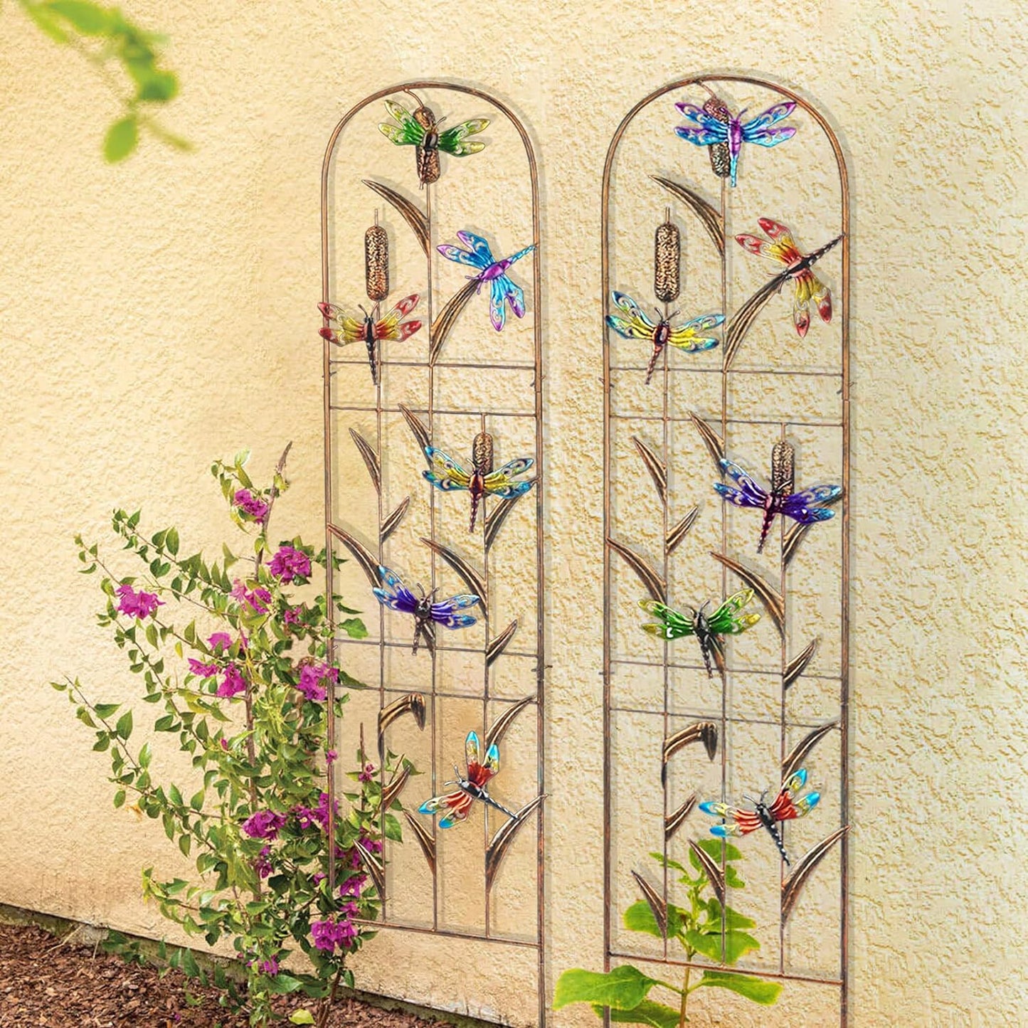 SUNNYPARK Set of 2 Dragonfly Metal Garden Trellis for Climbing Plants, Decorative Vegetables Flowers Vine Trellis for Outdoor Patio 60'' H x 11'' W