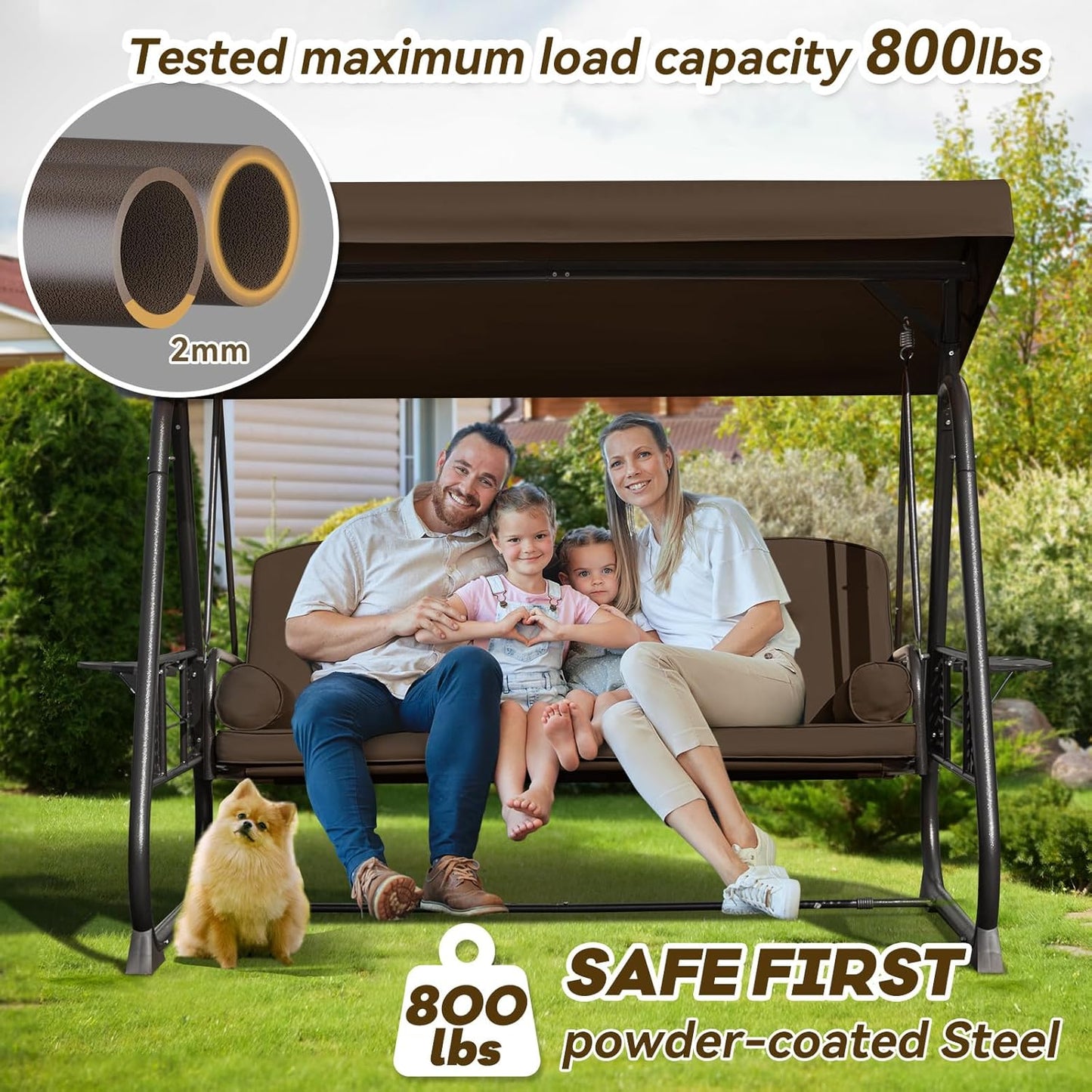 3 in 1 Outdoor Porch Swing with Adjustable Canopy, 3 Seat Outdoor Swing for Adults, Patio Swing Chair with Thickened Cushions,Pillows & Cup Holders for Backyard, Porch, Garden (Brown)