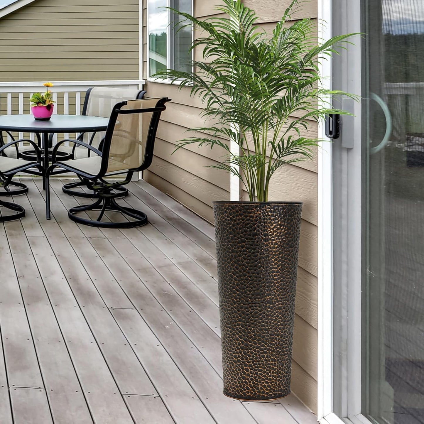Worth Garden 2-Pack 28" H. Metal Planters with 2X Inside Pots - Hand-Hammered Texture Tall Narrow Cone Plant Pots - Large Handcrafted Bronze Flower Pot for Indoor Outdoor, Deck, Patio, Front Porch